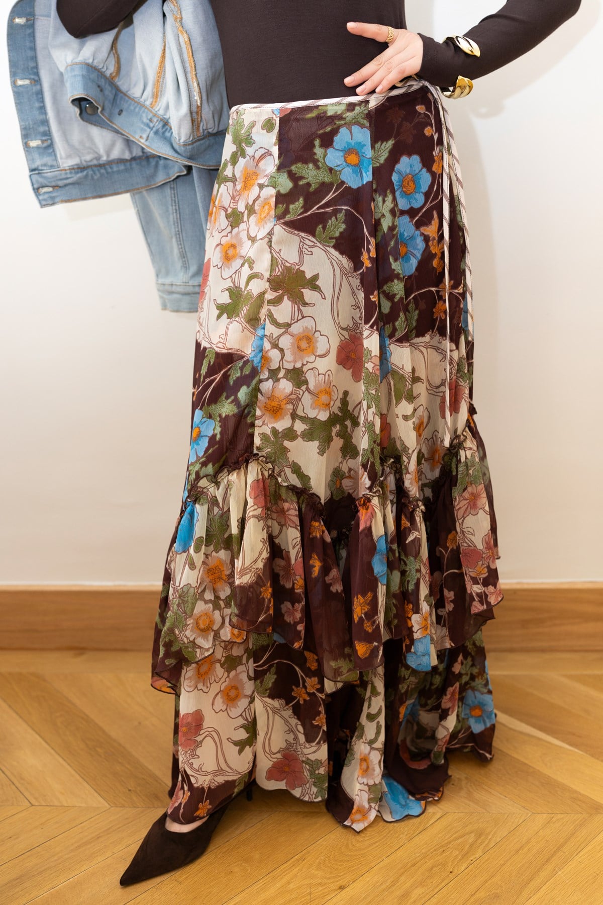 Kahve Kat Kat Çiçek Desenlİ Tasarım Tül Etek