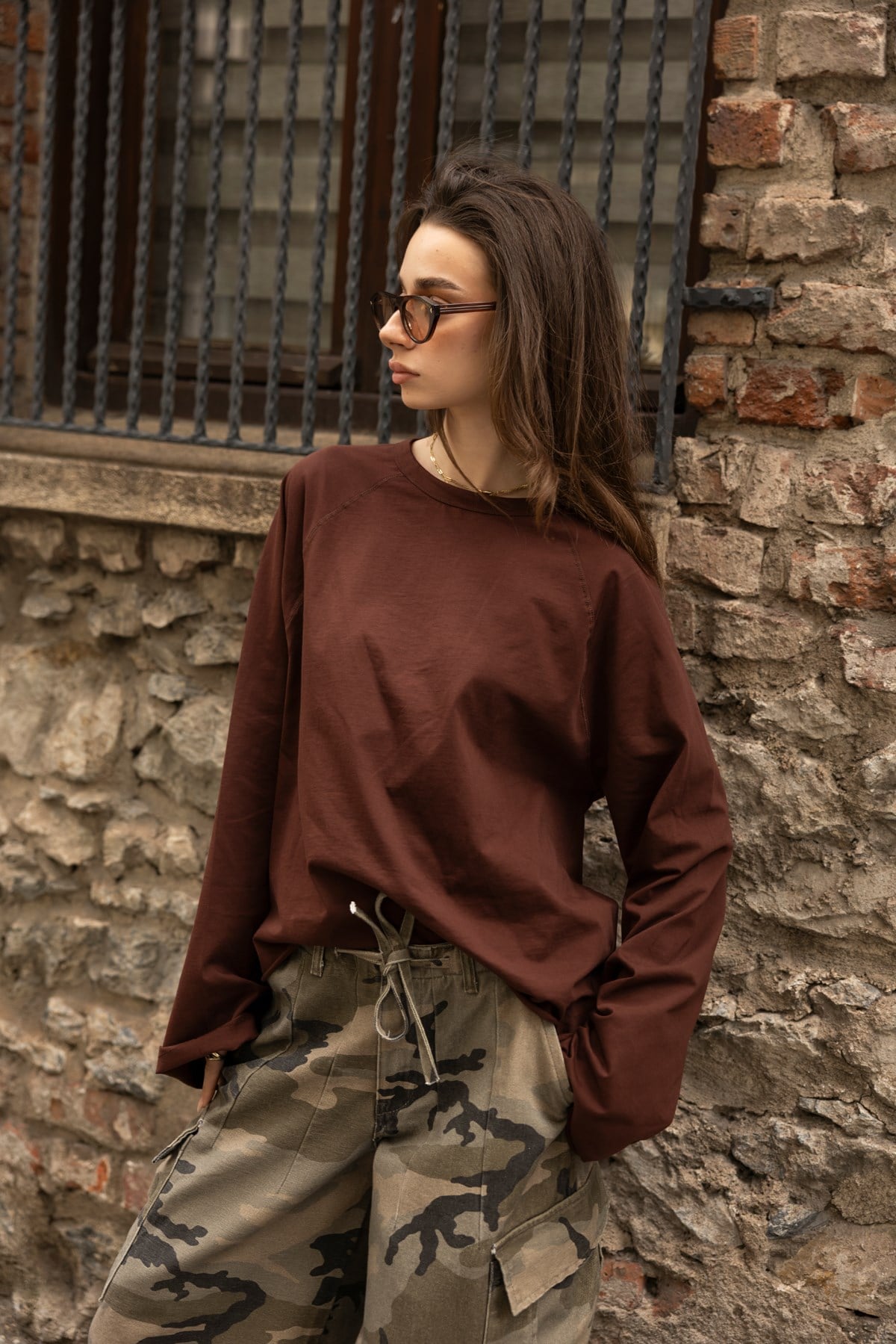 Kahve Oversize İspanyol Kol Basic T-Shirt
