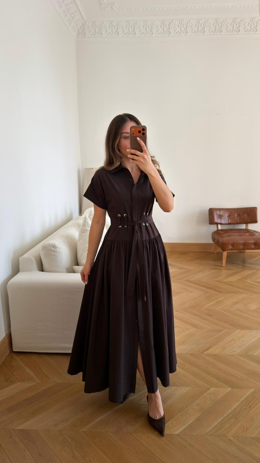 Kahve Polo Yaka Kuşgözü Detaylı Poplin Elbise