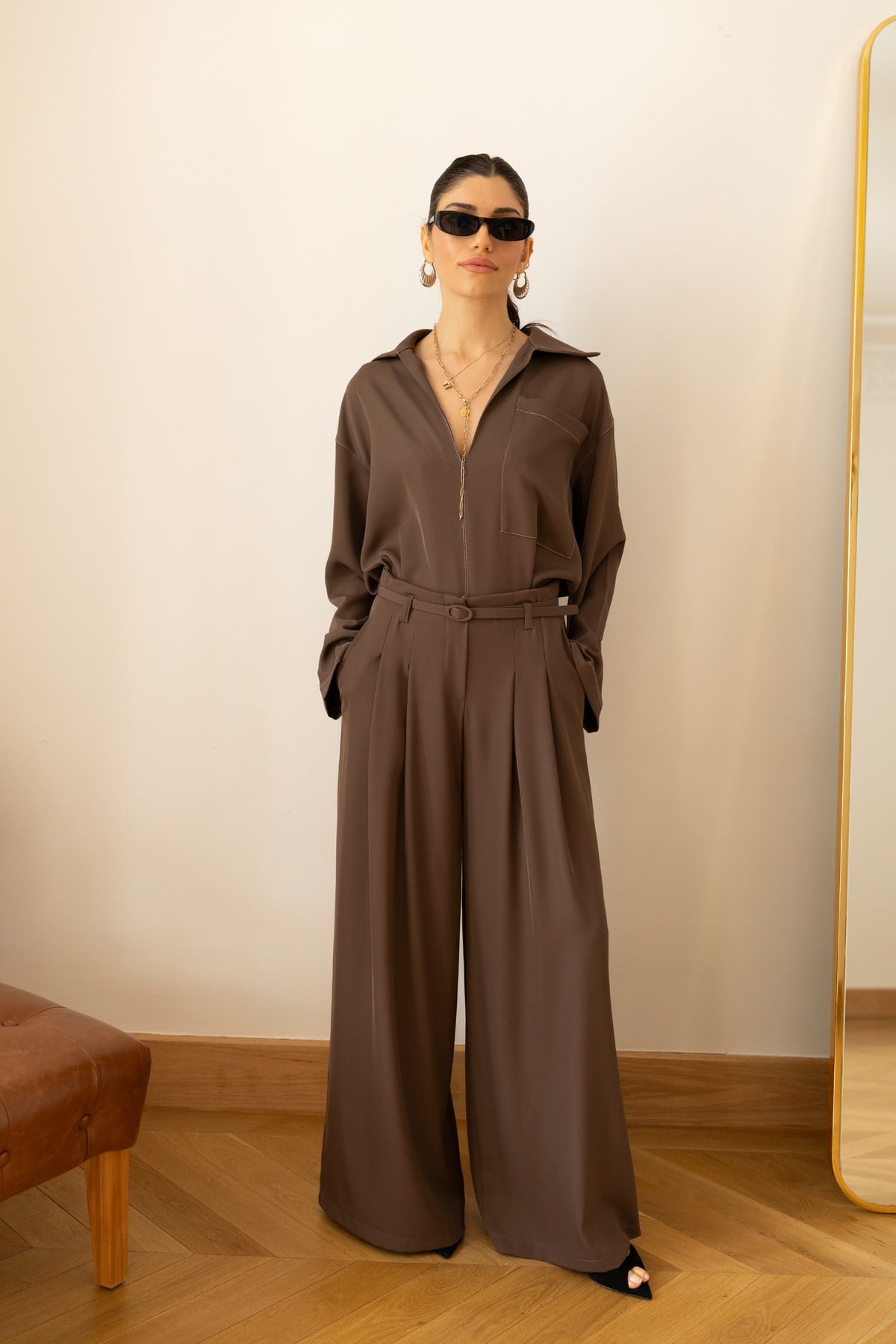 Kahve Polo Yaka Önden Tek Cepli Oversize Bluz Pantolon Takım