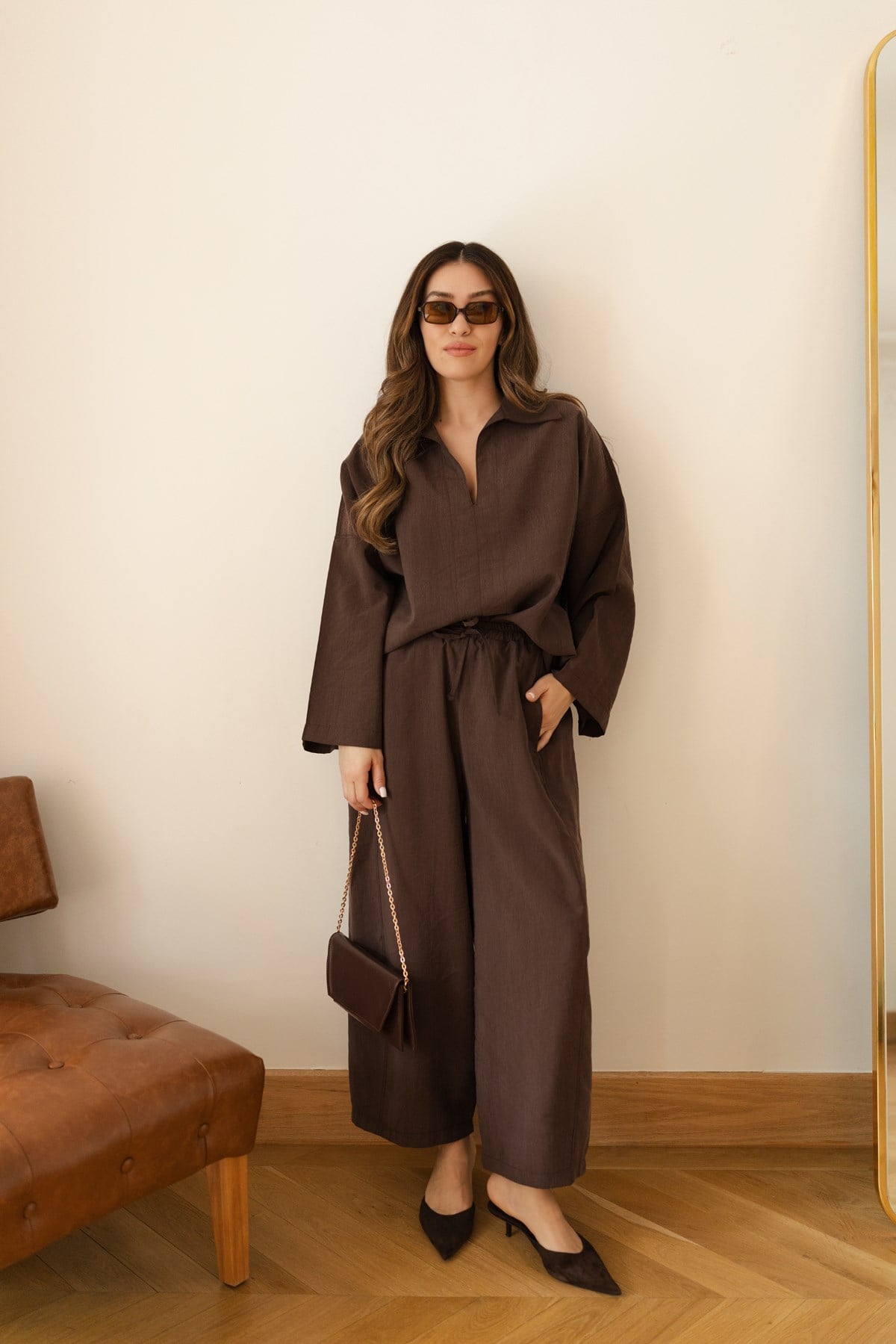 Kahve Polo Yaka Oversize Bluz Pantolon Takım
