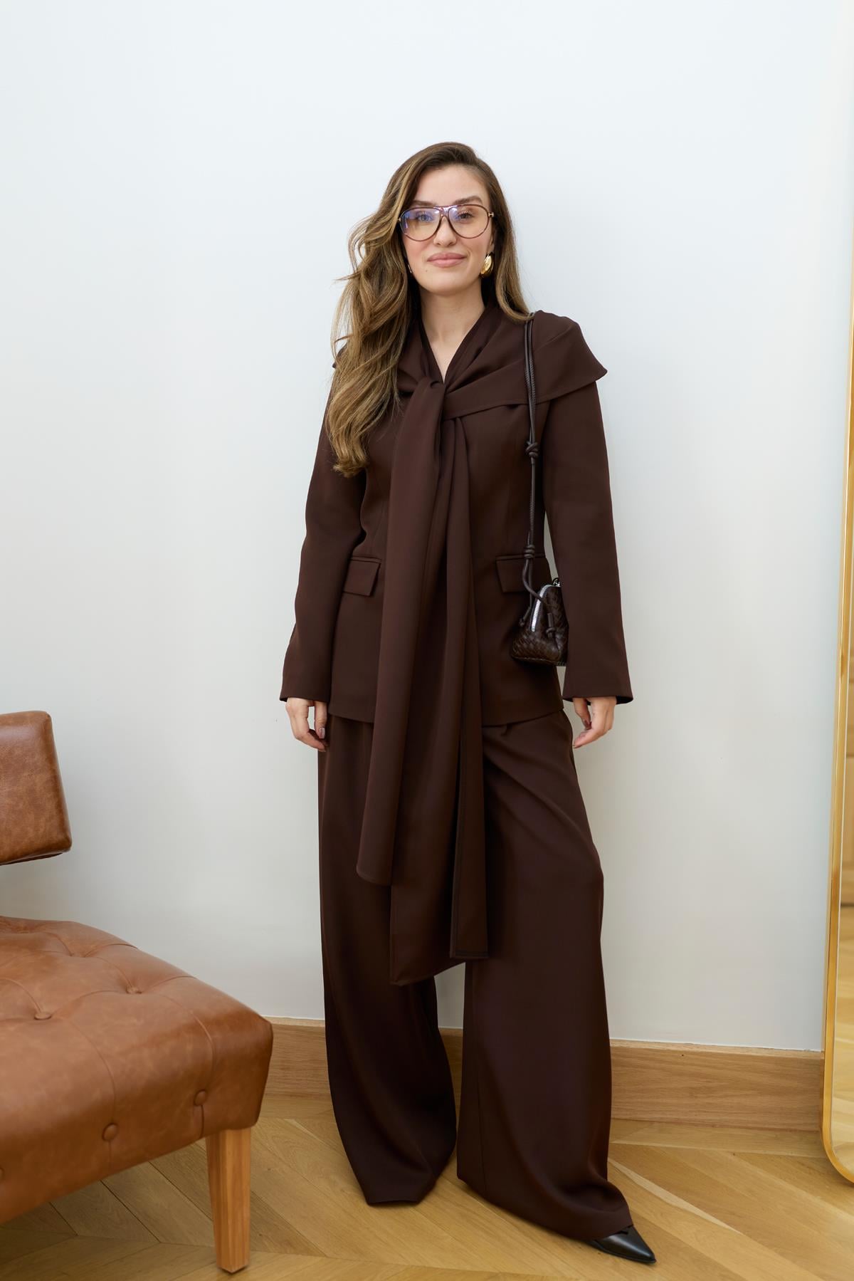 Kahve Şal Detaylı Ceket Pantolon Takım