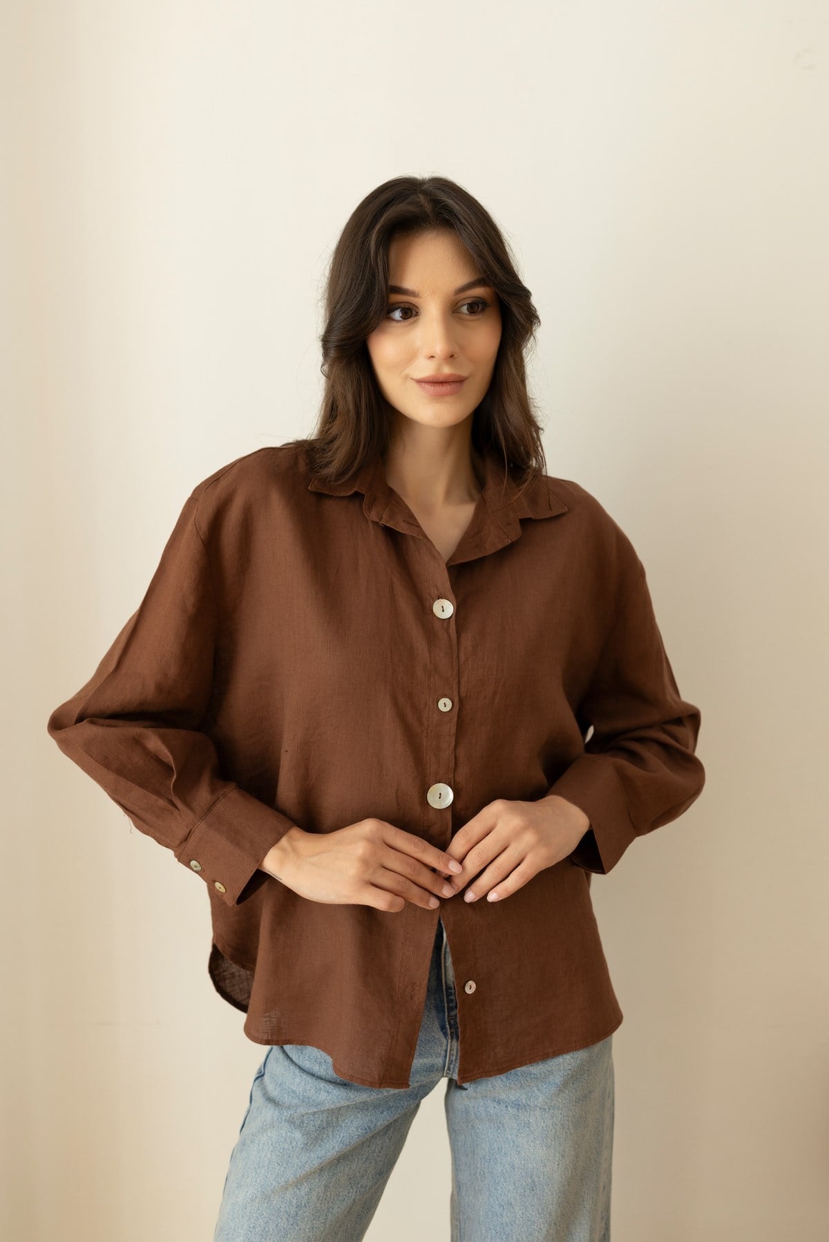 Kahve Sedef Düğme Detaylı Oversize Keten Gömlek