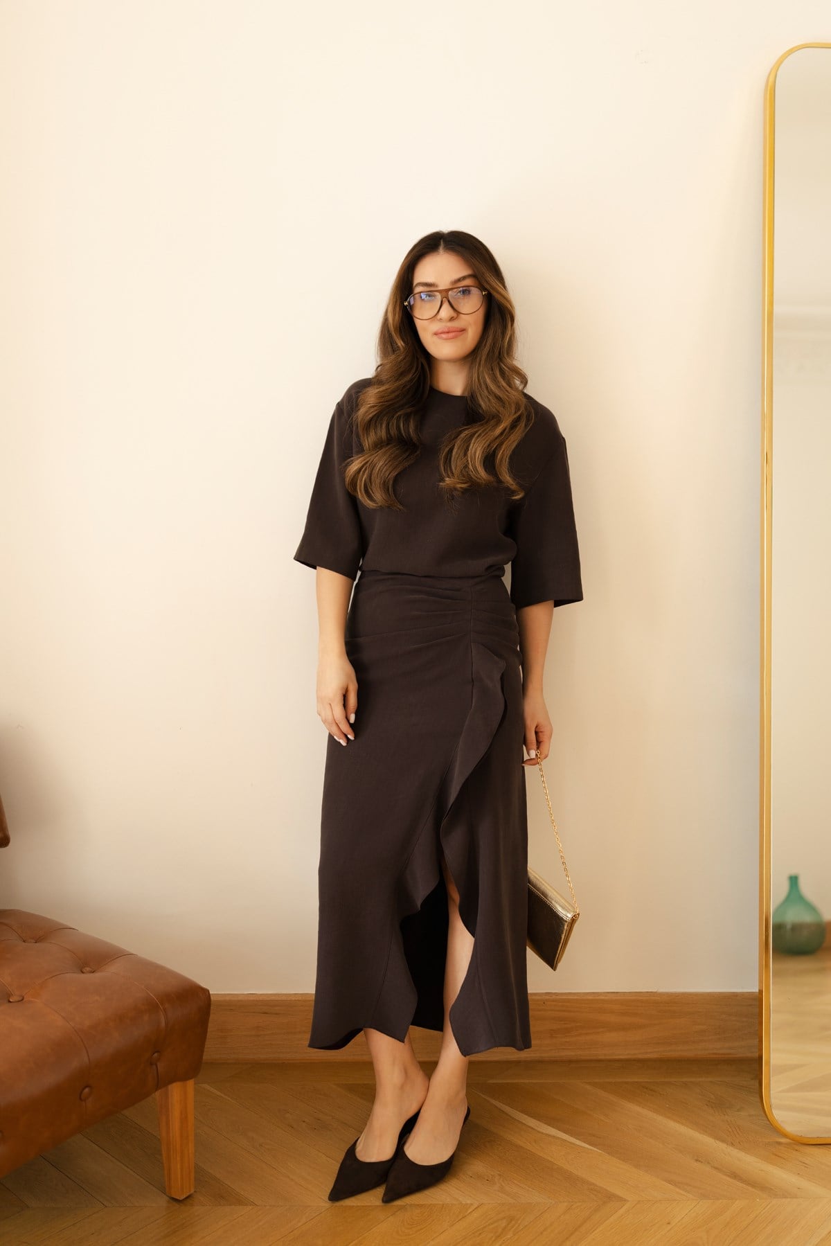 Kahve Yarım Kol Yandan Drapeli Elbise