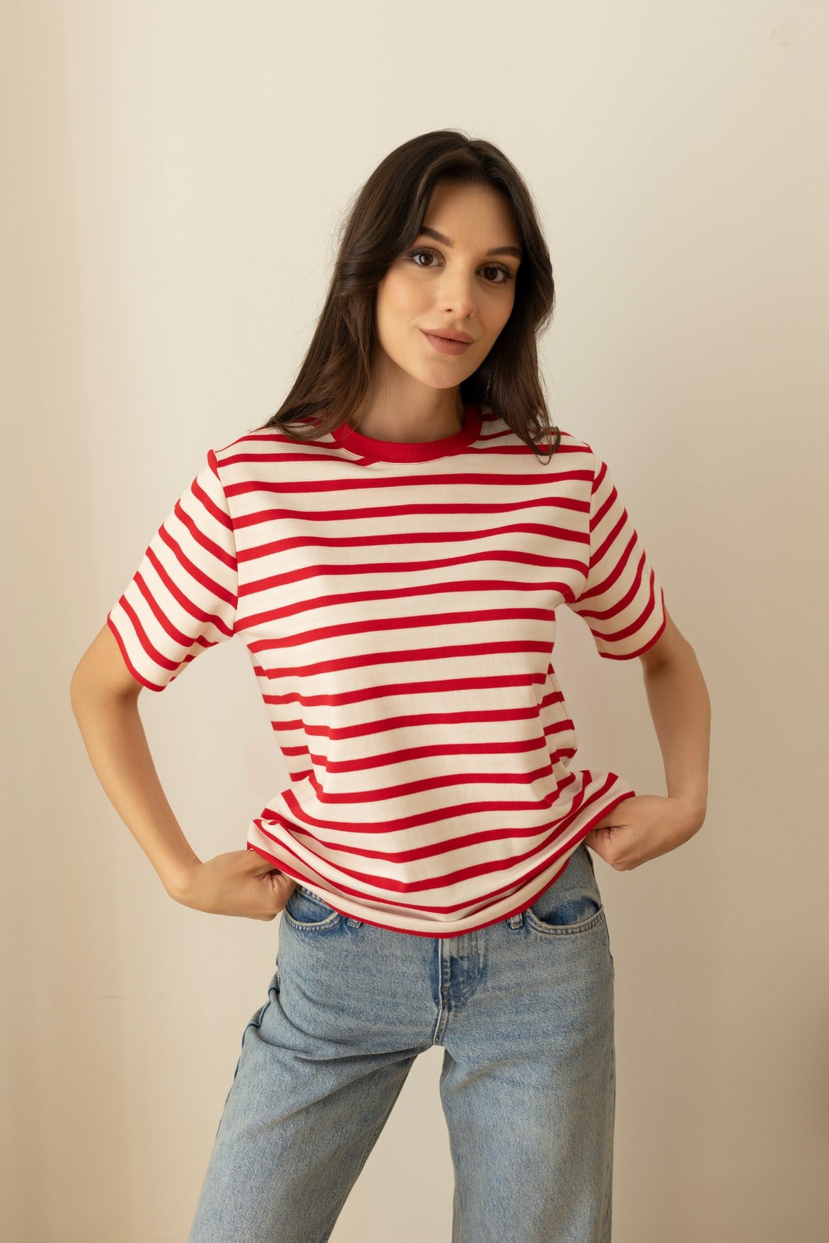 Kırmızı-Beyaz Oversize Çizgili T-Shirt