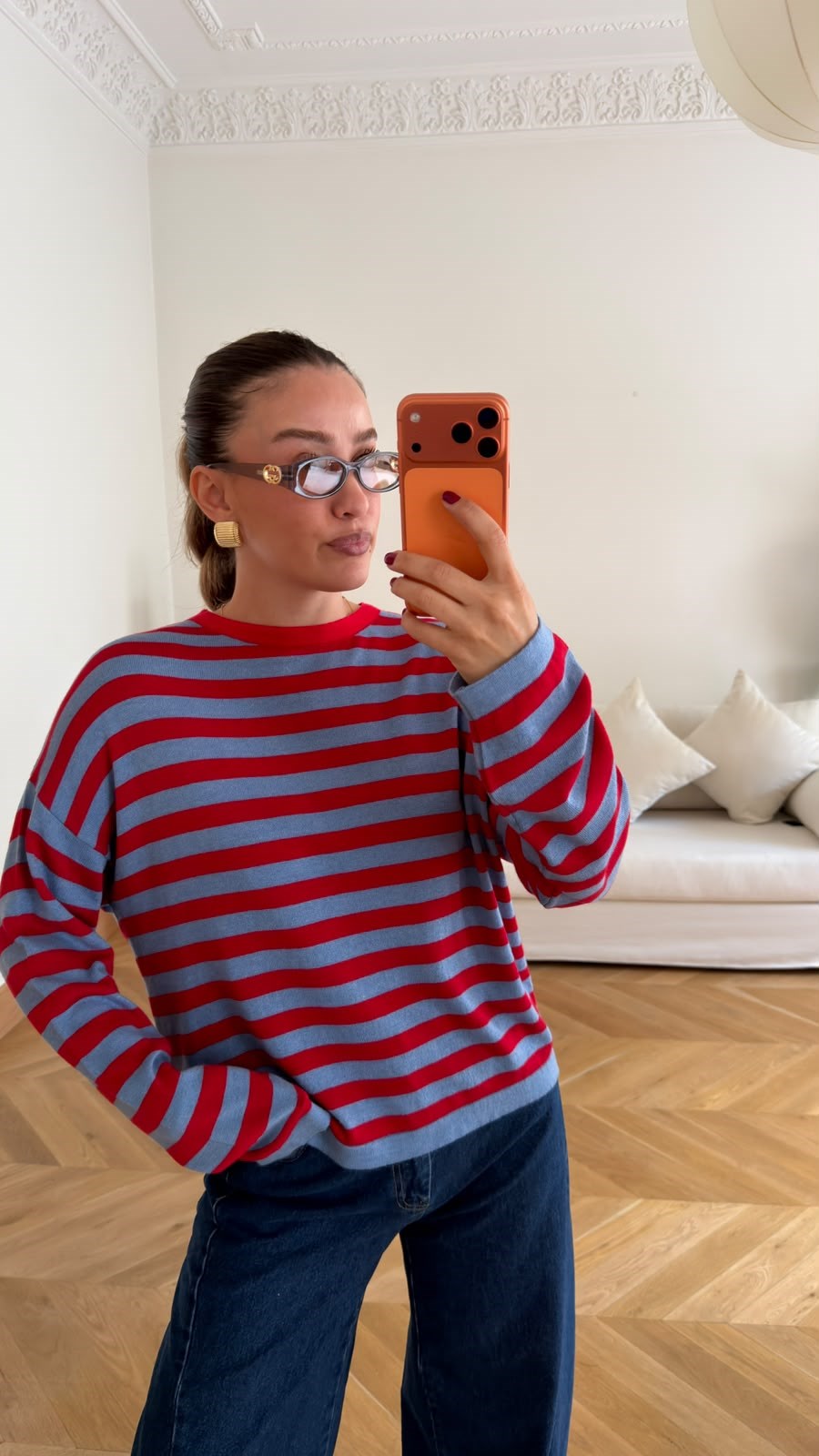 Kırmızı Bisiklet Yaka Çizgili Oversize Triko