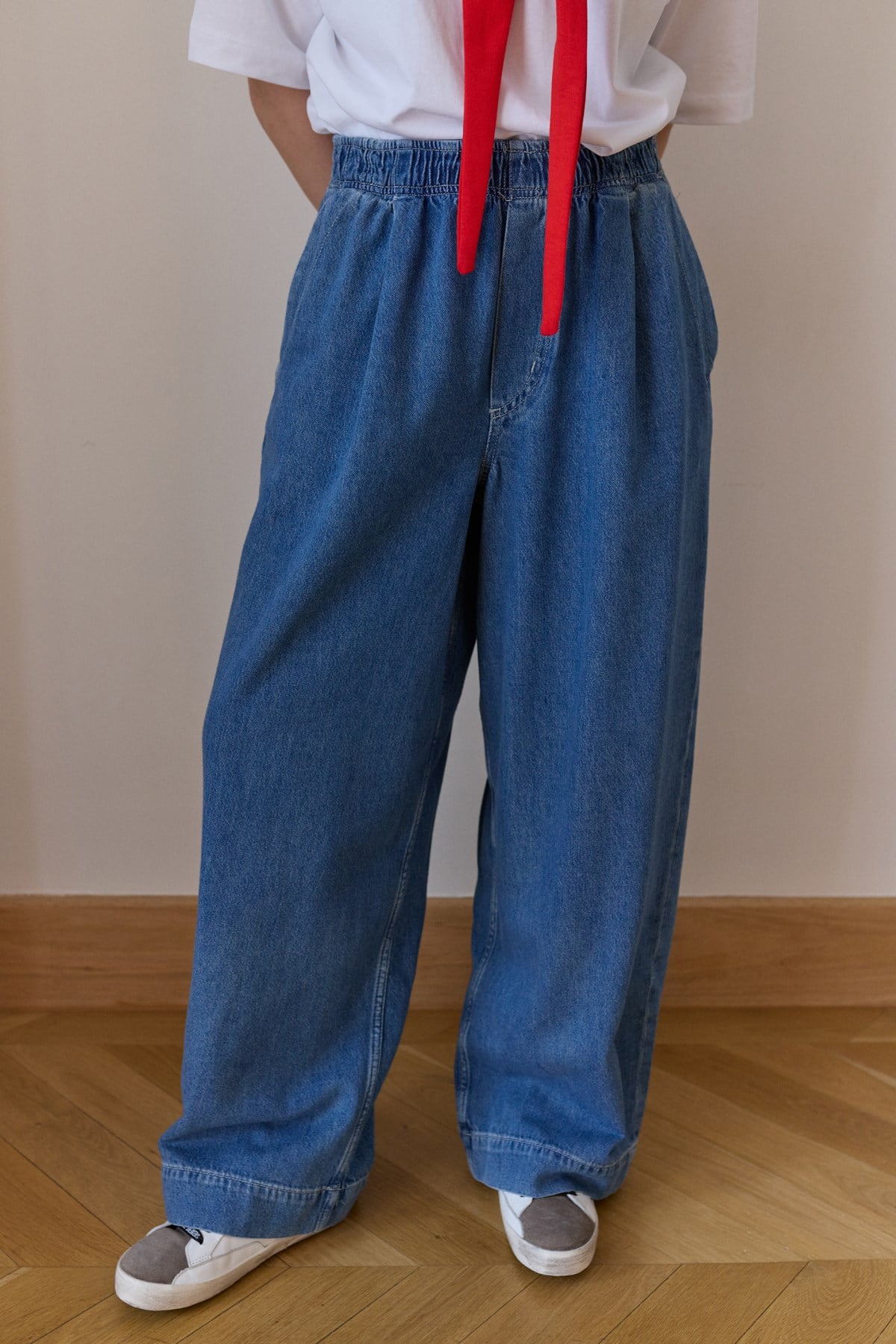 Klasik Jean Rengi Beli Lastikli Yandan Cepli  Bol Paça Denim Pantolon