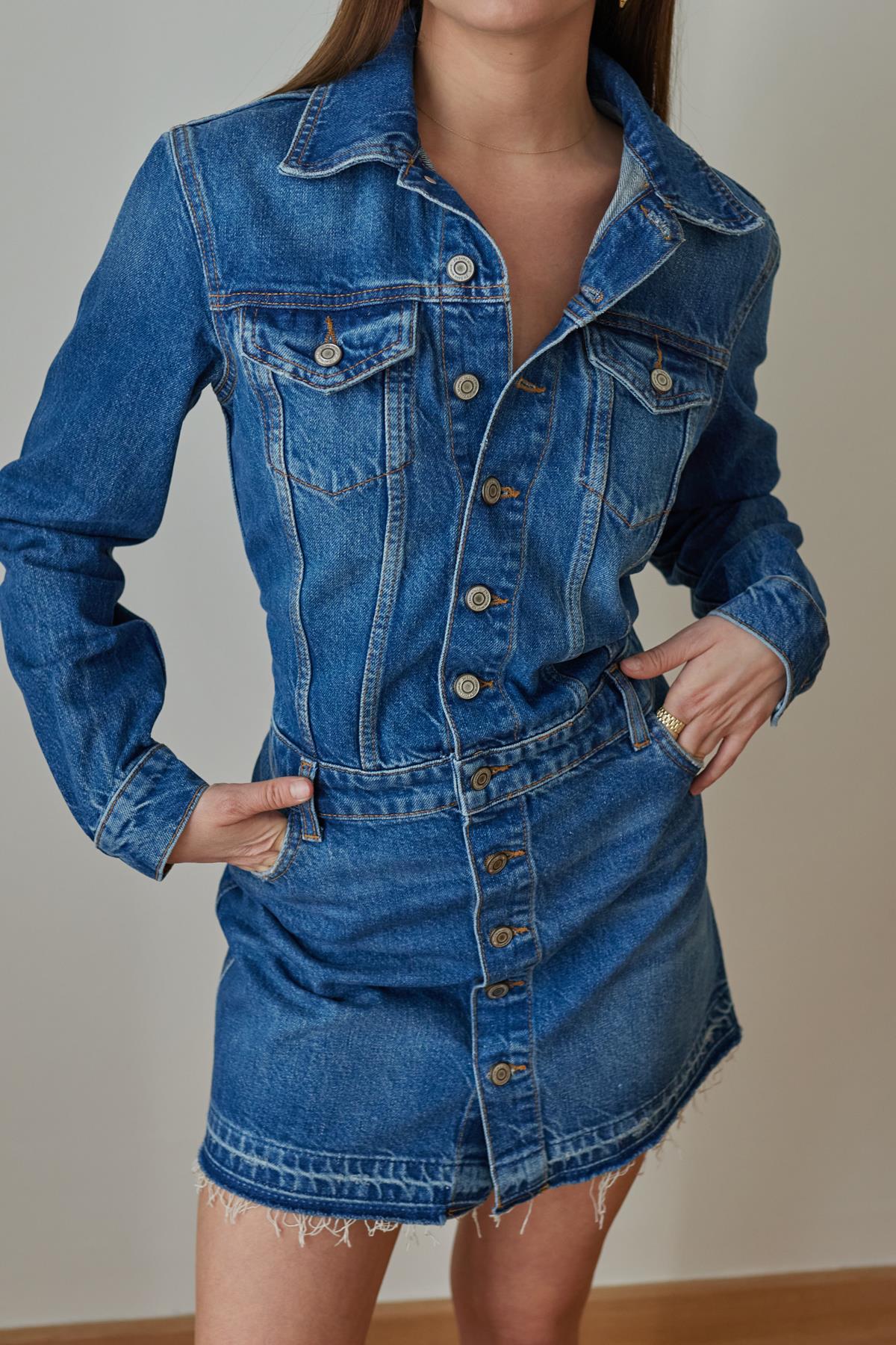 Klasik Jean Rengi Etek Uçları Kesik Cep Detaylı Denim Elbise