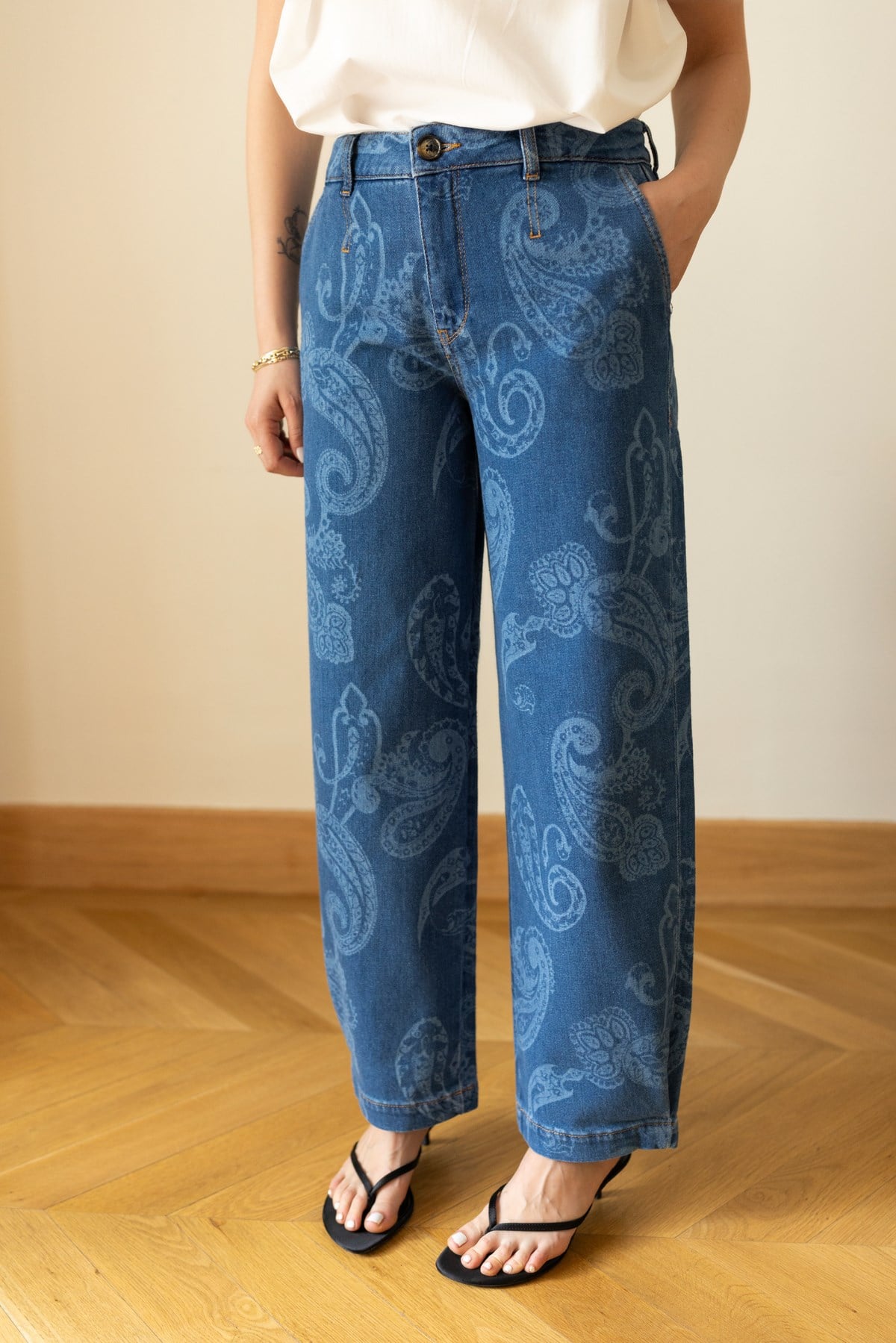 Klasik Jean Rengi Etnik Desenli Likralı Jean Pantolon