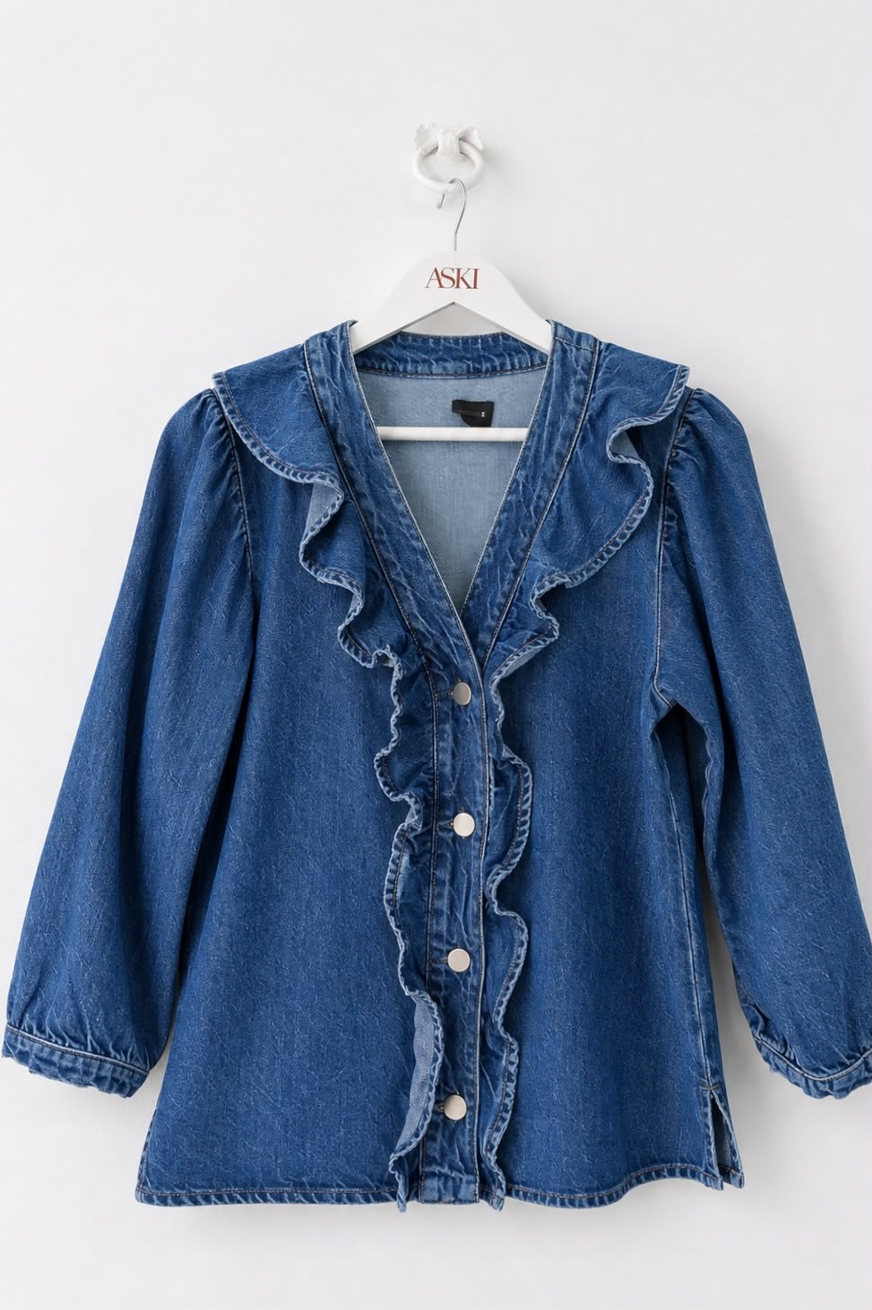 Klasik Jean Rengi Fırfır Detaylı Balon Kol Denim Gömlek