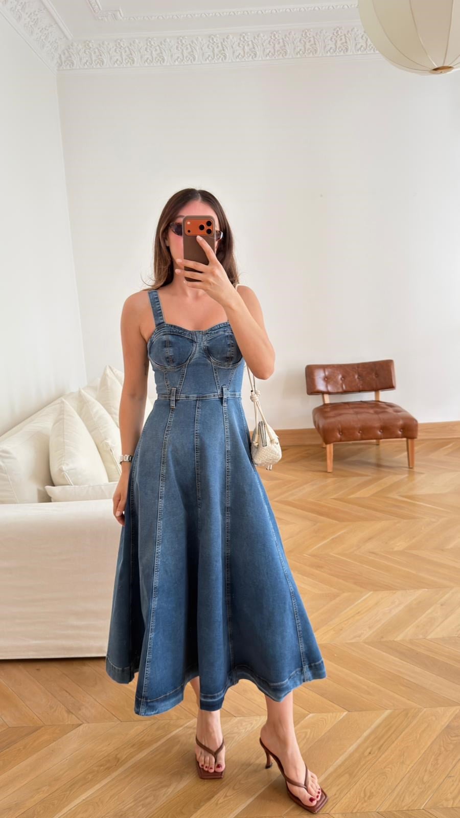 Klasik Jean Rengi Kalp Yaka Kalın Askılı Likralı Denim Elbise