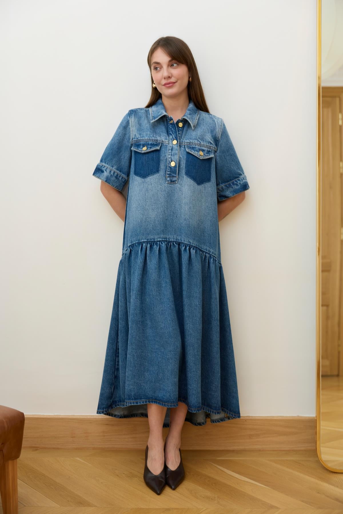 Klasik Jean Rengi Polo Yaka Yarım Düğmeli Asimetrik Kesim Denim Elbise
