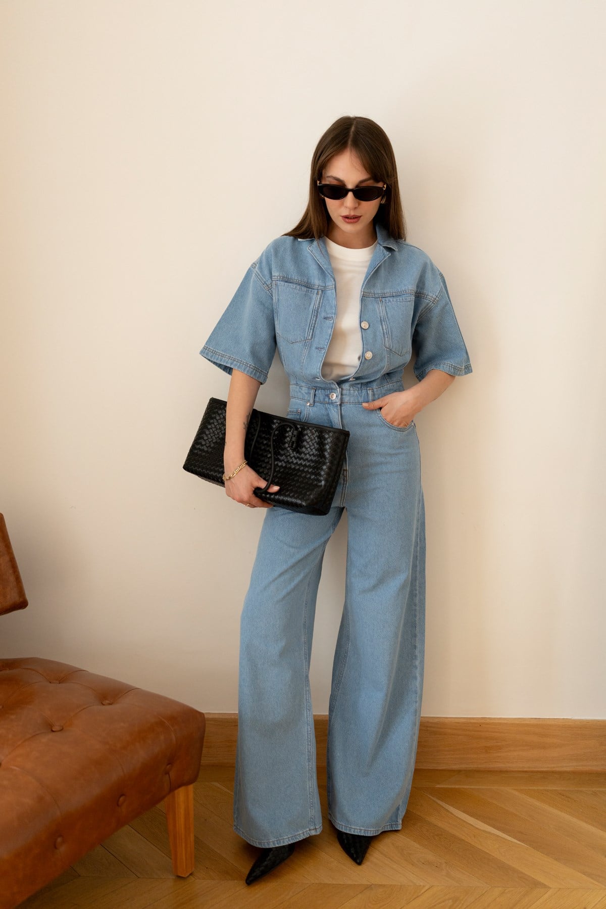 Klasik Jean Rengi Polo Yaka Yarım Kol Jean Tulum