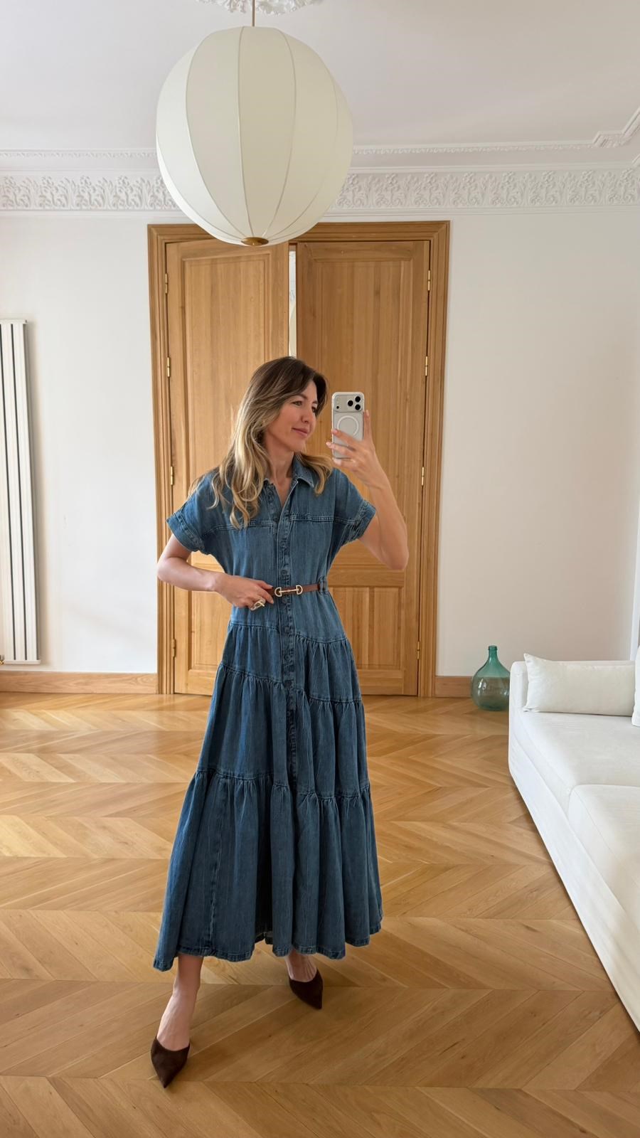 Klasik Jean Rengi Polo Yaka Yarım Kol Önden Düğme Detaylı Denim Elbise