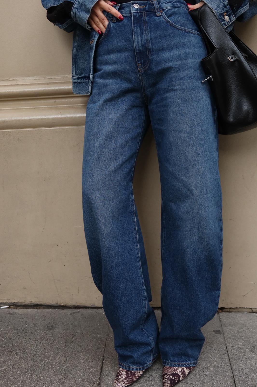 Klasik Jean Rengi Taşlamalı Yüksek Bel Slouchy Denim Pantolon