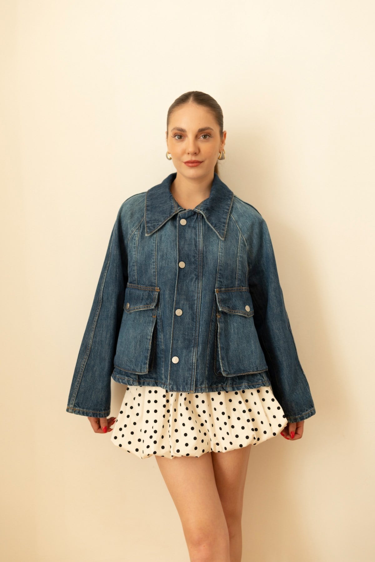 Klasik Jean Rengi Torba Cepli Pens Detaylı Denim Ceket