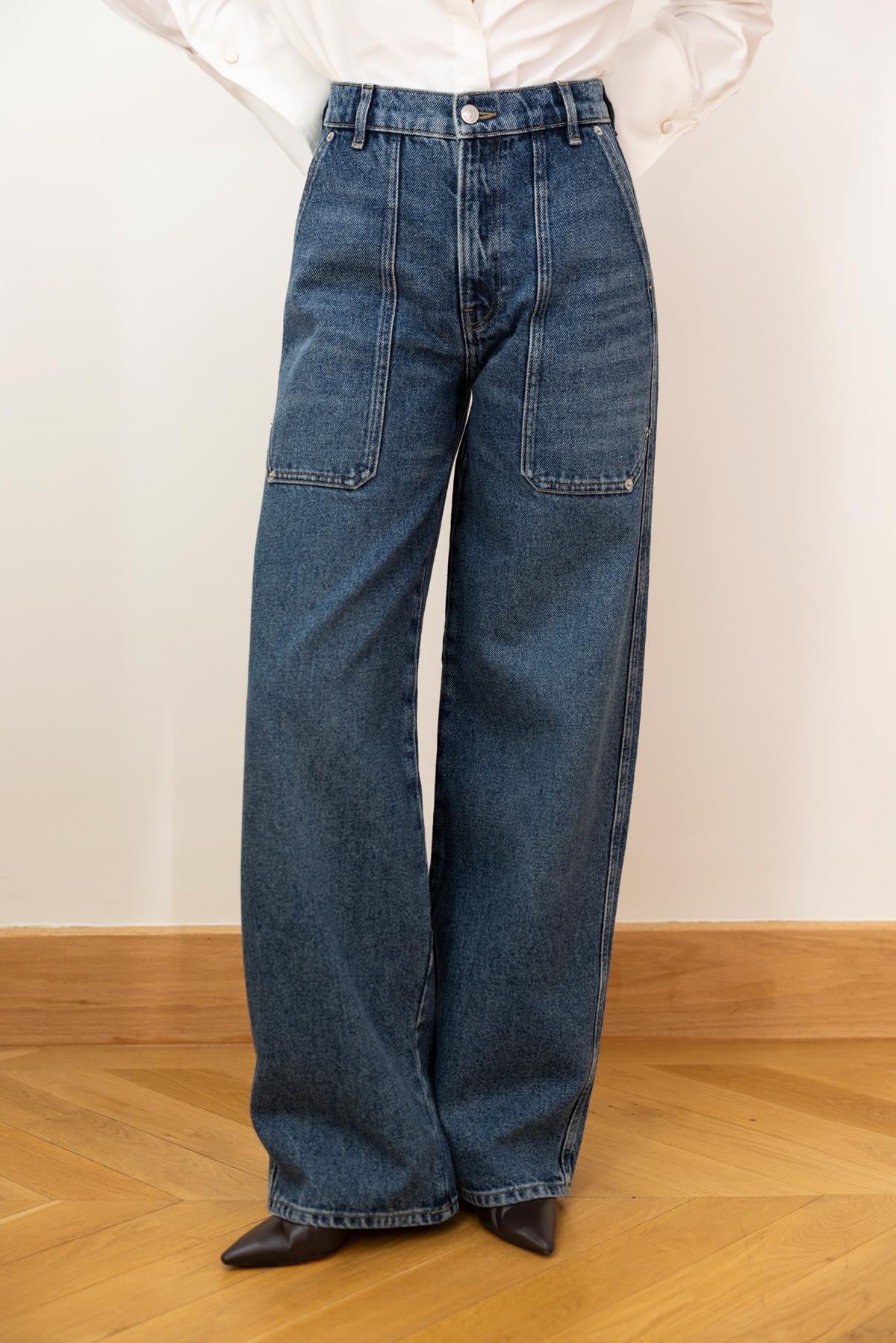 Klasik Jean Rengi Yüksek Bel Cep Detaylı Geniş Paça Jean Pantolon