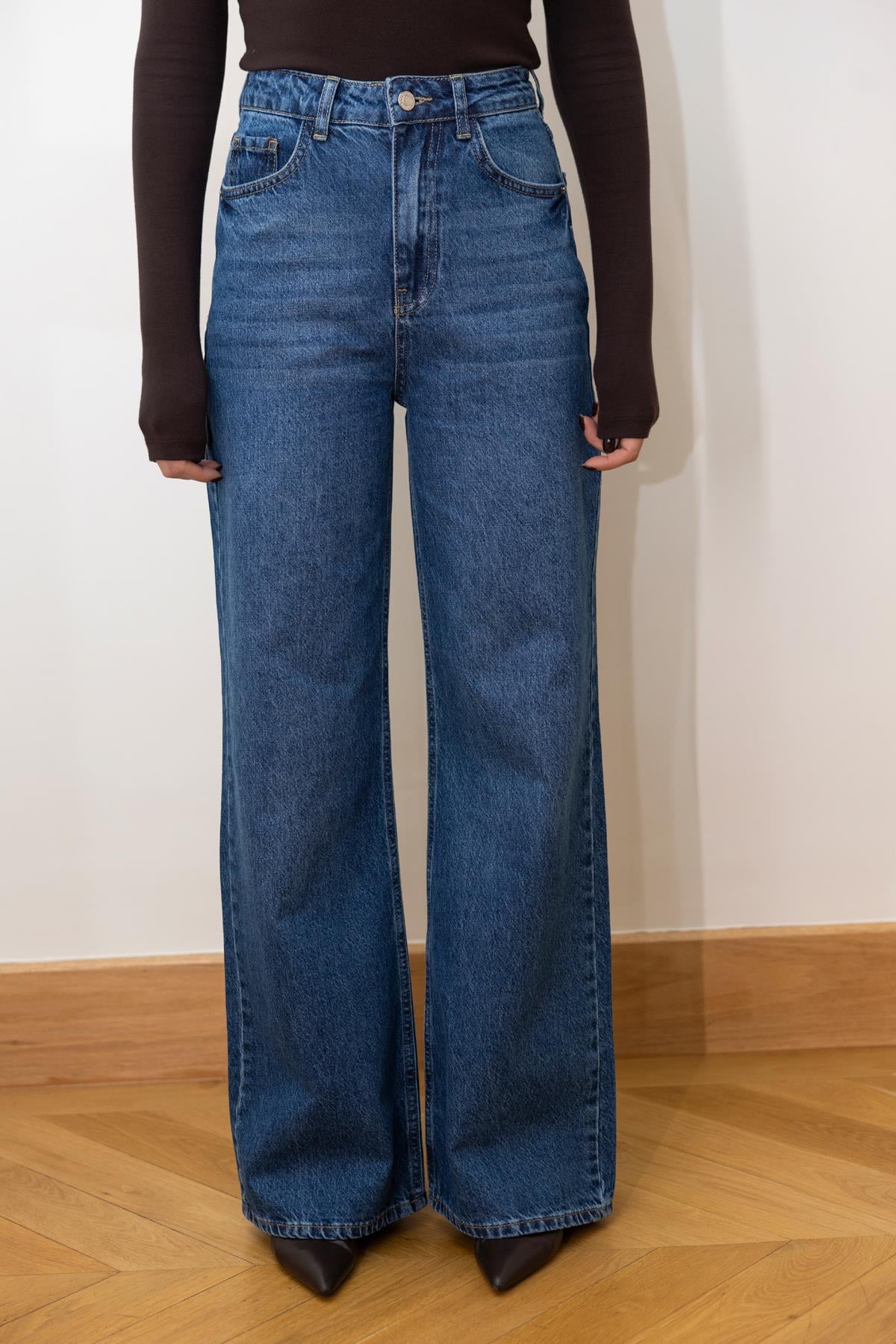 Klasik Jean Rengi Yüksek Bel Palazzo Jean Pantolon