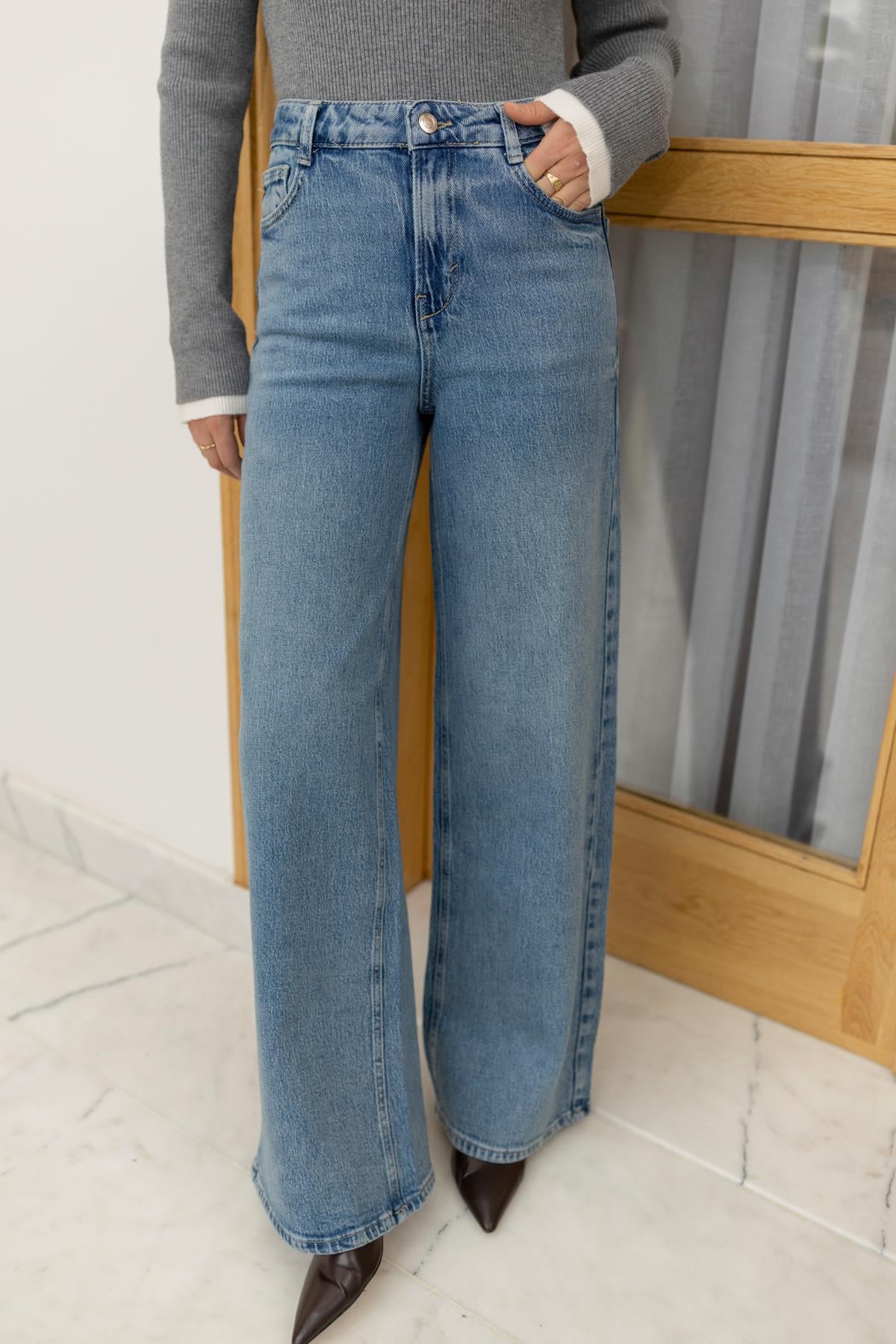 Klasik Jean Rengi Yüksek Bel Palazzo Jean Pantolon