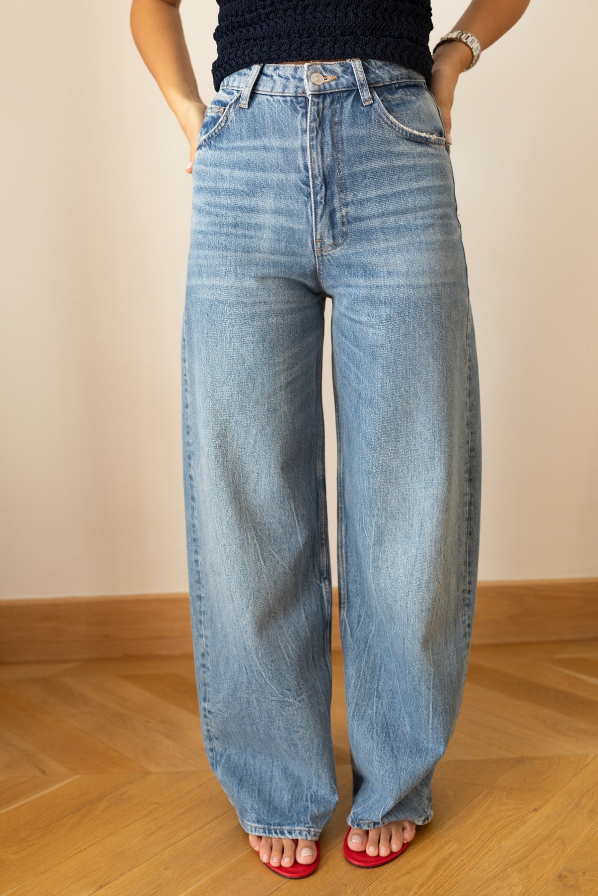Klasik Jean Rengi Yüksek Bel Taşlamalı Palazzo Jean Pantolon