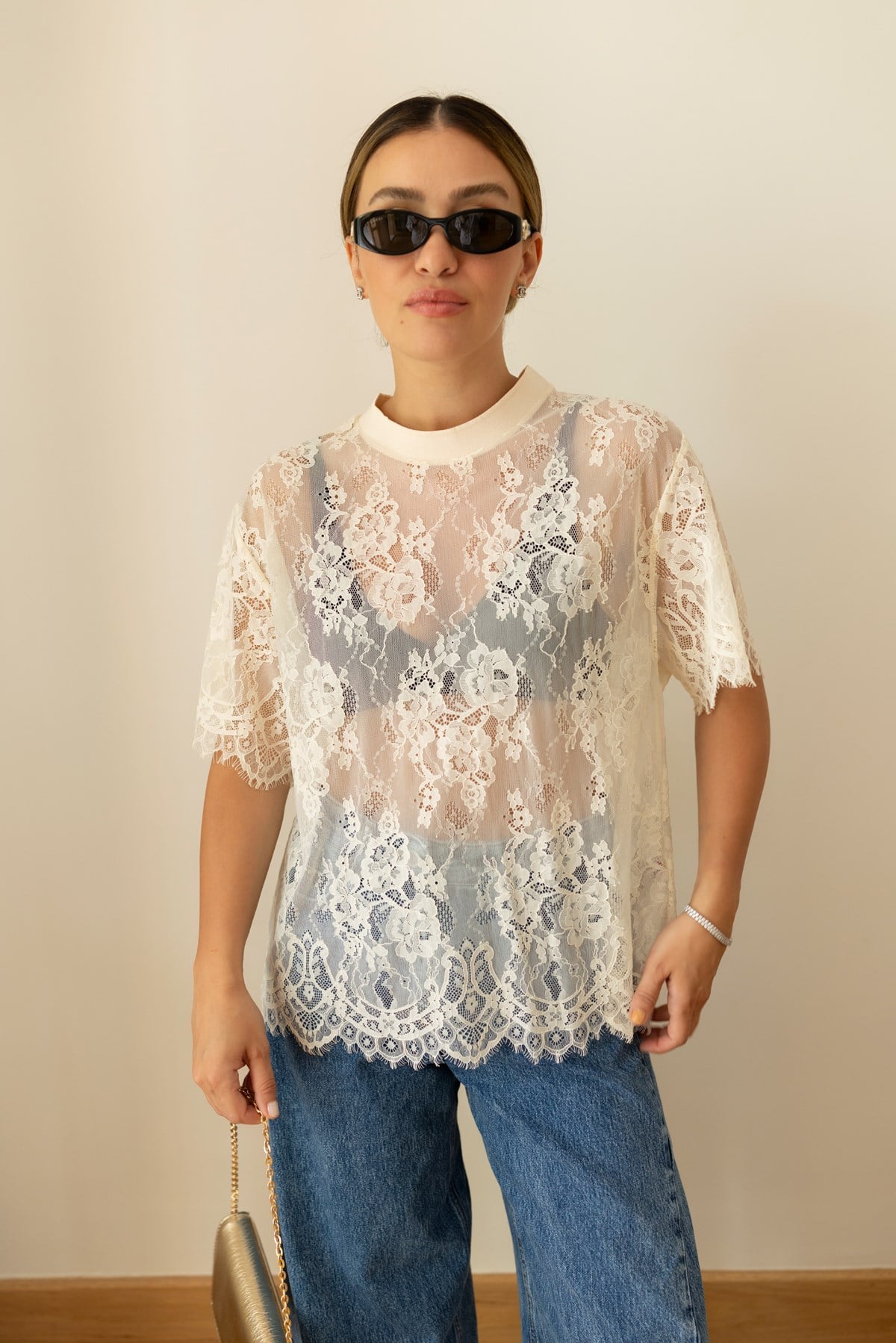 Krem Bisiklet Yaka Dantelli Transparan T-Shirt