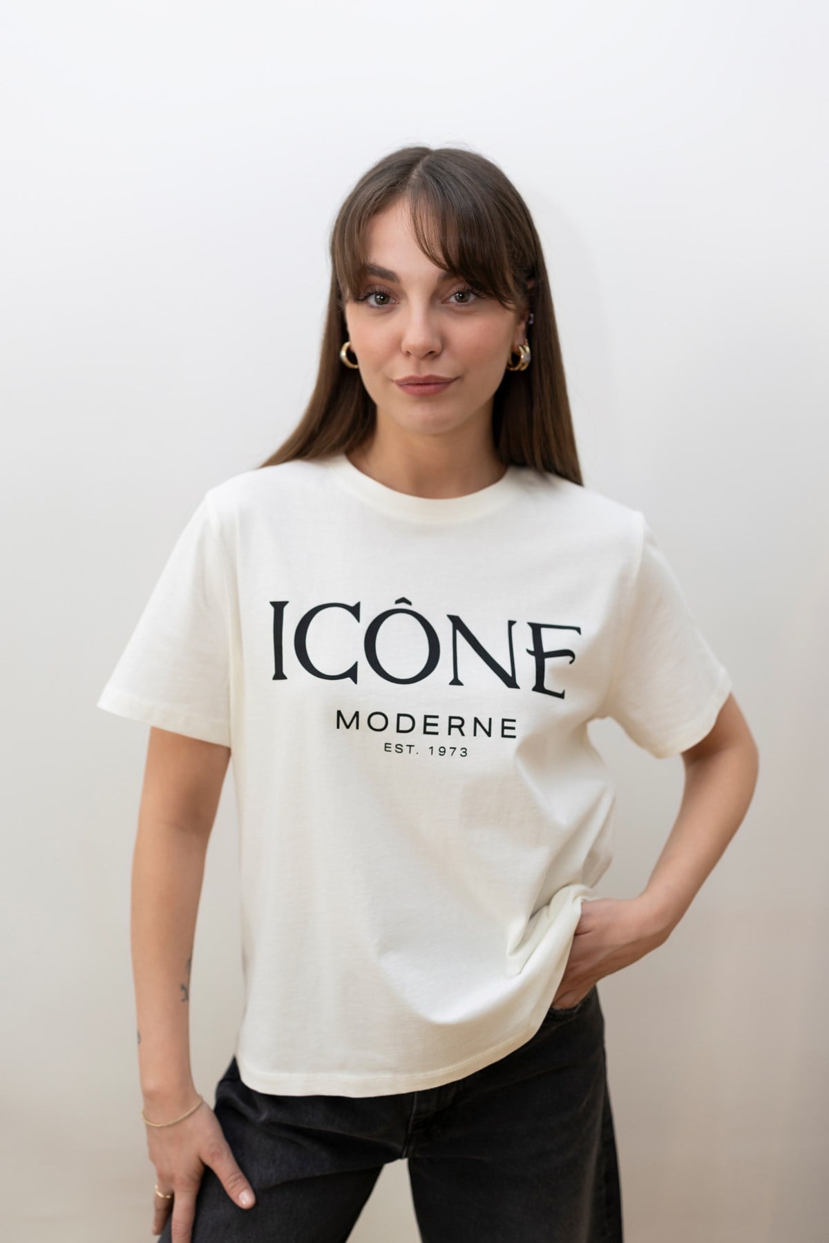 Krem Bisiklet Yaka İcone Yazı Baskılı T-Shirt