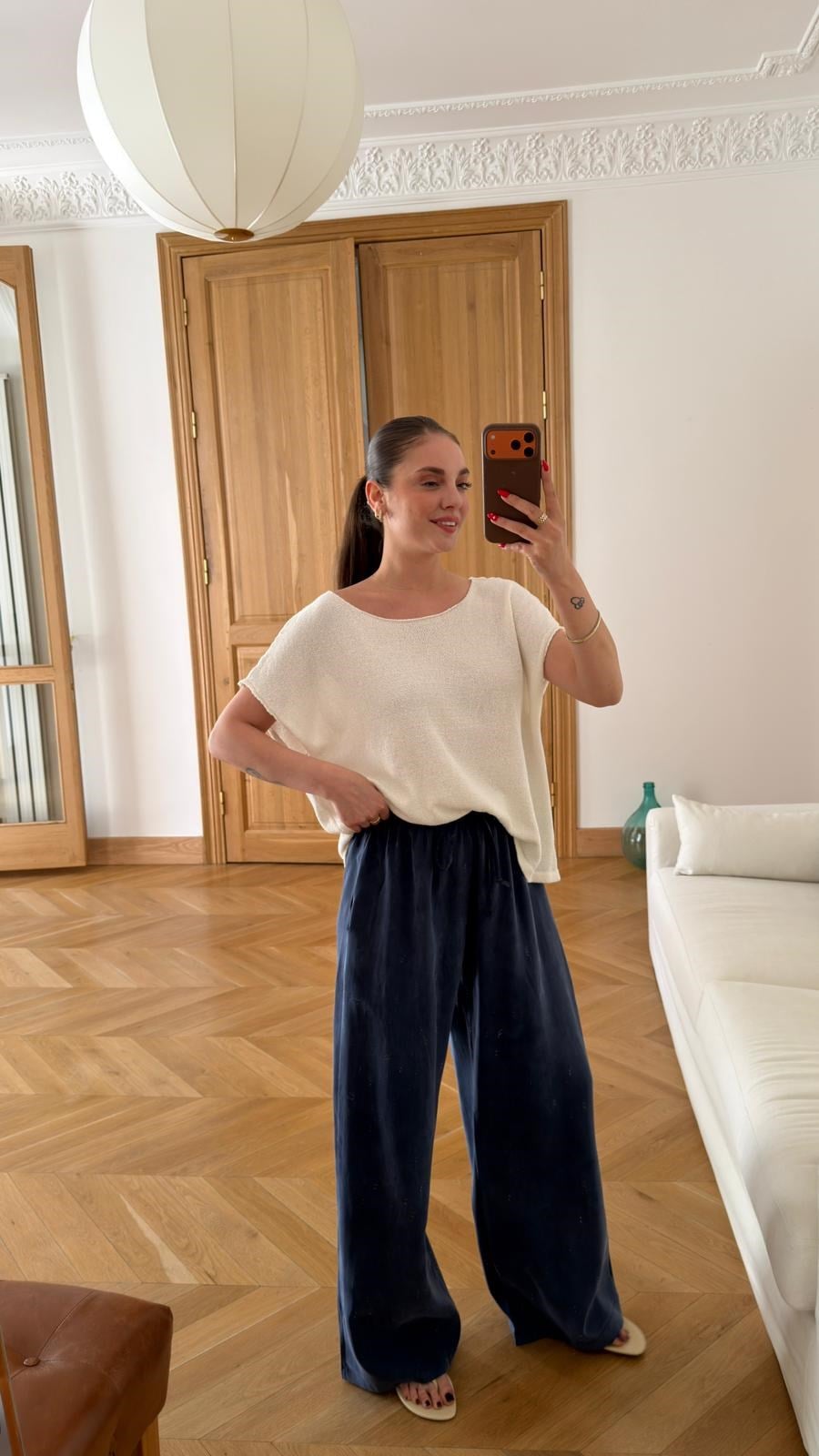 Lacivert Beli Lastikli Ve Kuşaklı Bol Paça Tensel  Kumaş Pantolon