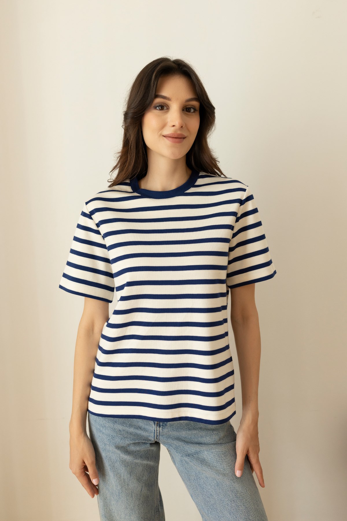 Lacivert-Beyaz Oversize Çizgili T-Shirt