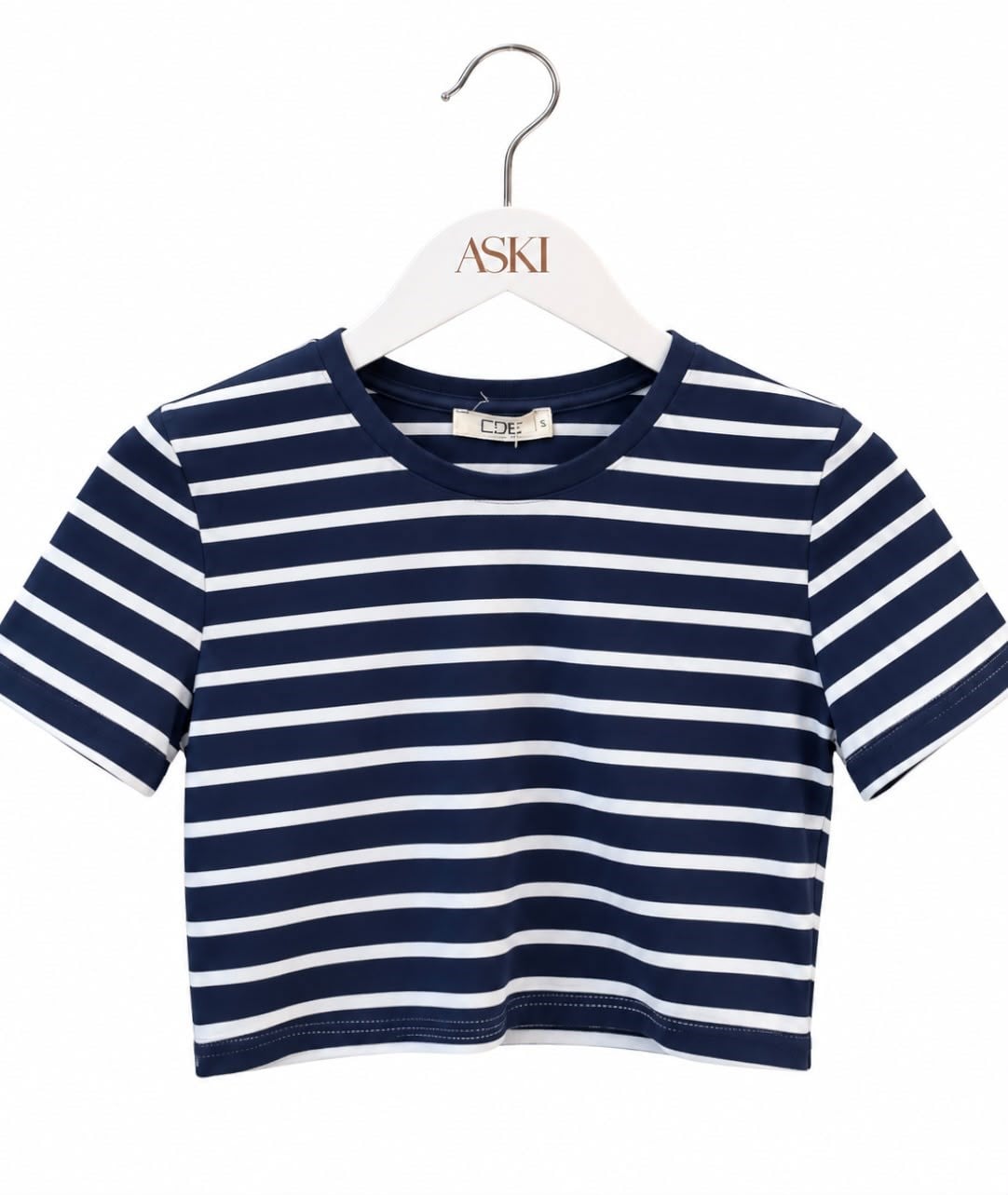 Lacivert Bisiklet Yaka Çizgili Crop T-Shirt