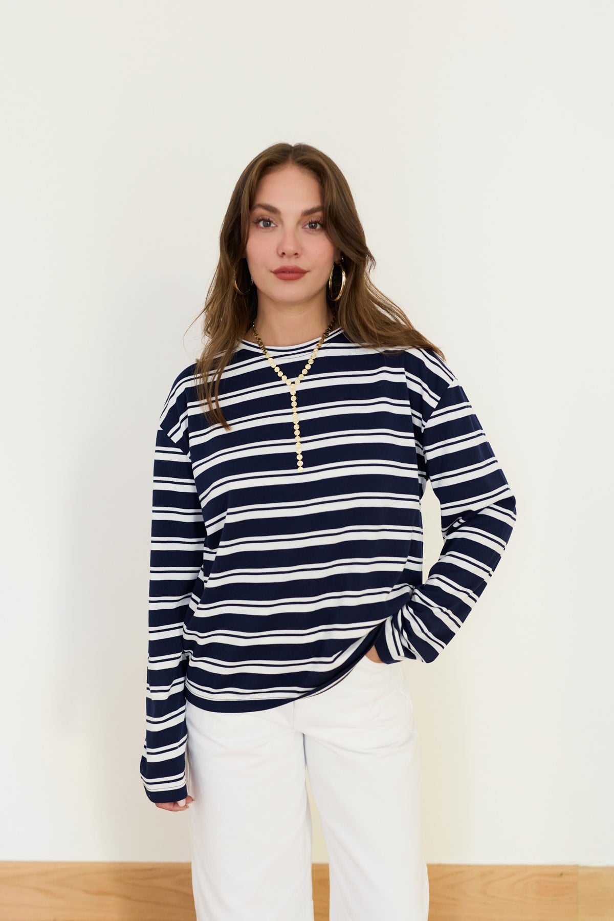 Lacivert Bisiklet Yaka Çizgili Oversize T-Shirt