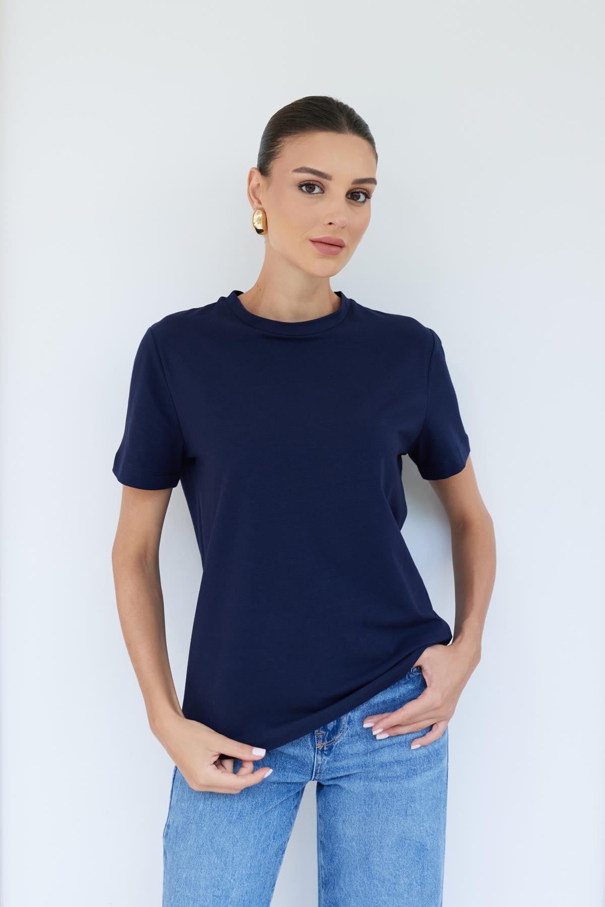 Lacivert Bisiklet Yaka Koton Kumaş T-Shirt