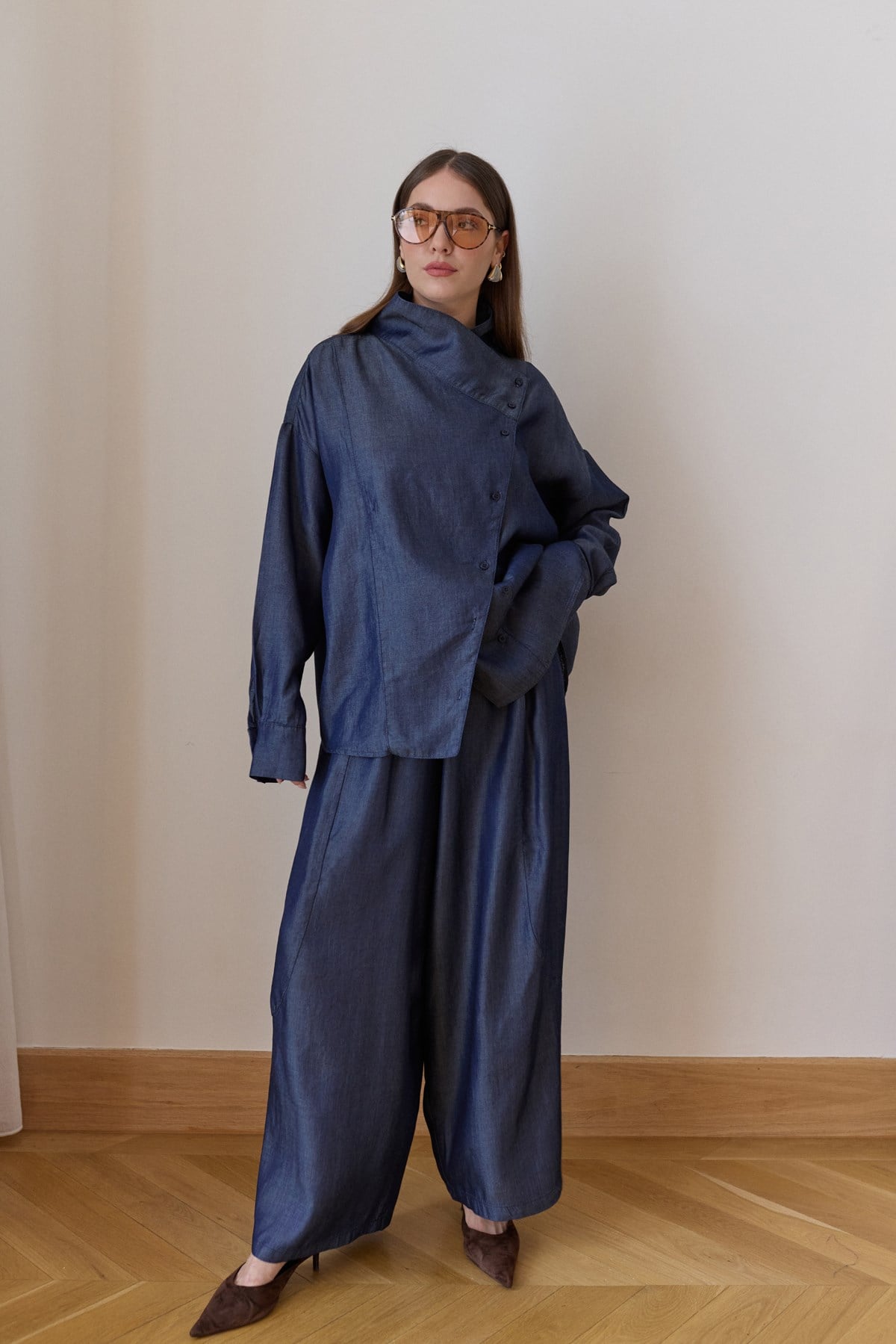 Lacivert Çapraz Düğme Detaylı Gömlek Pantolon Tensel Denim Takım