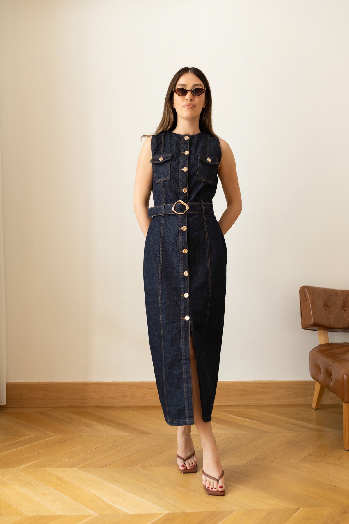 Lacivert Cep Ve Dikiş Detaylı Kemerli Denim Elbise