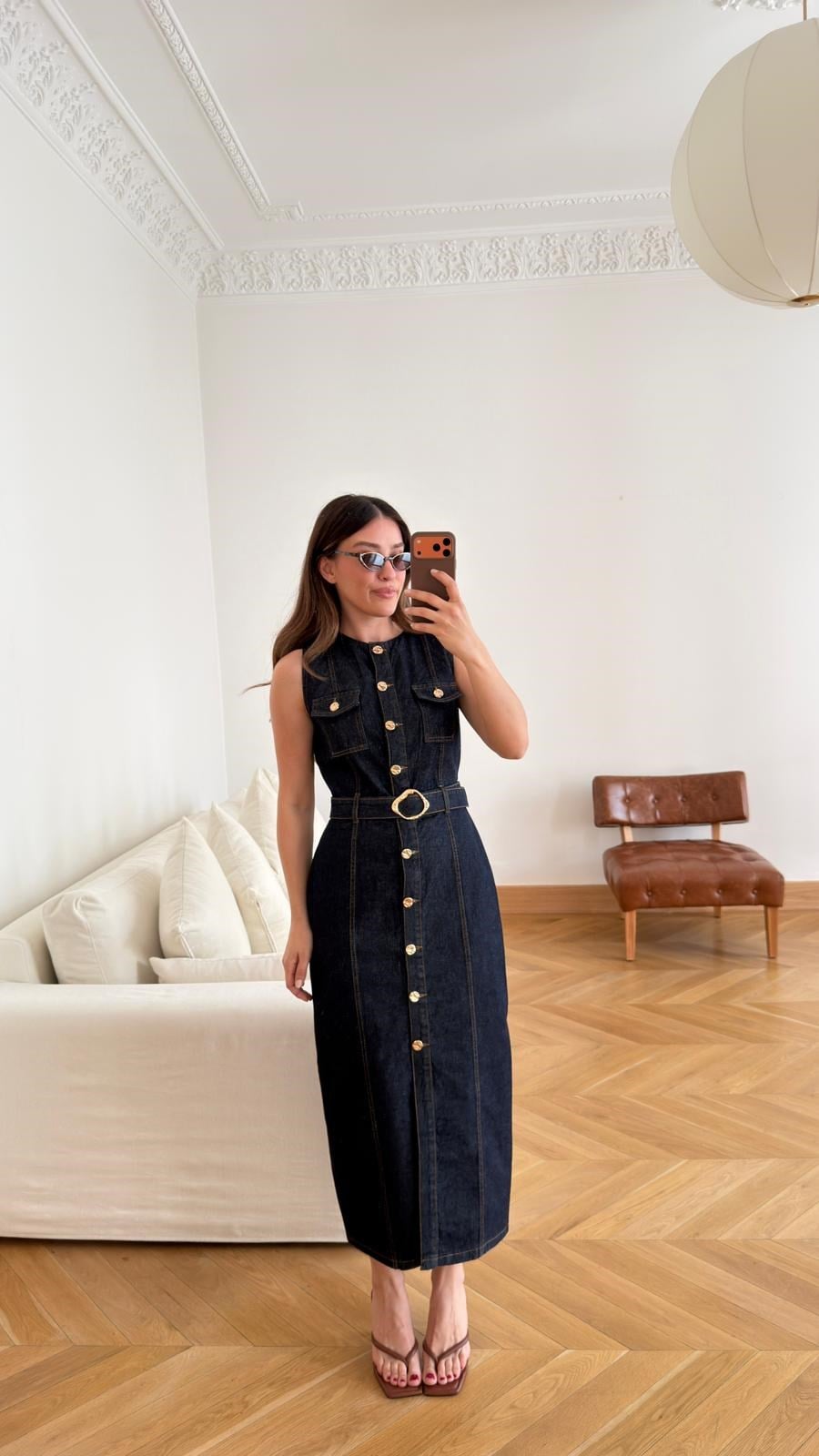 Lacivert Cep Ve Dikiş Detaylı Kemerli Denim Elbise