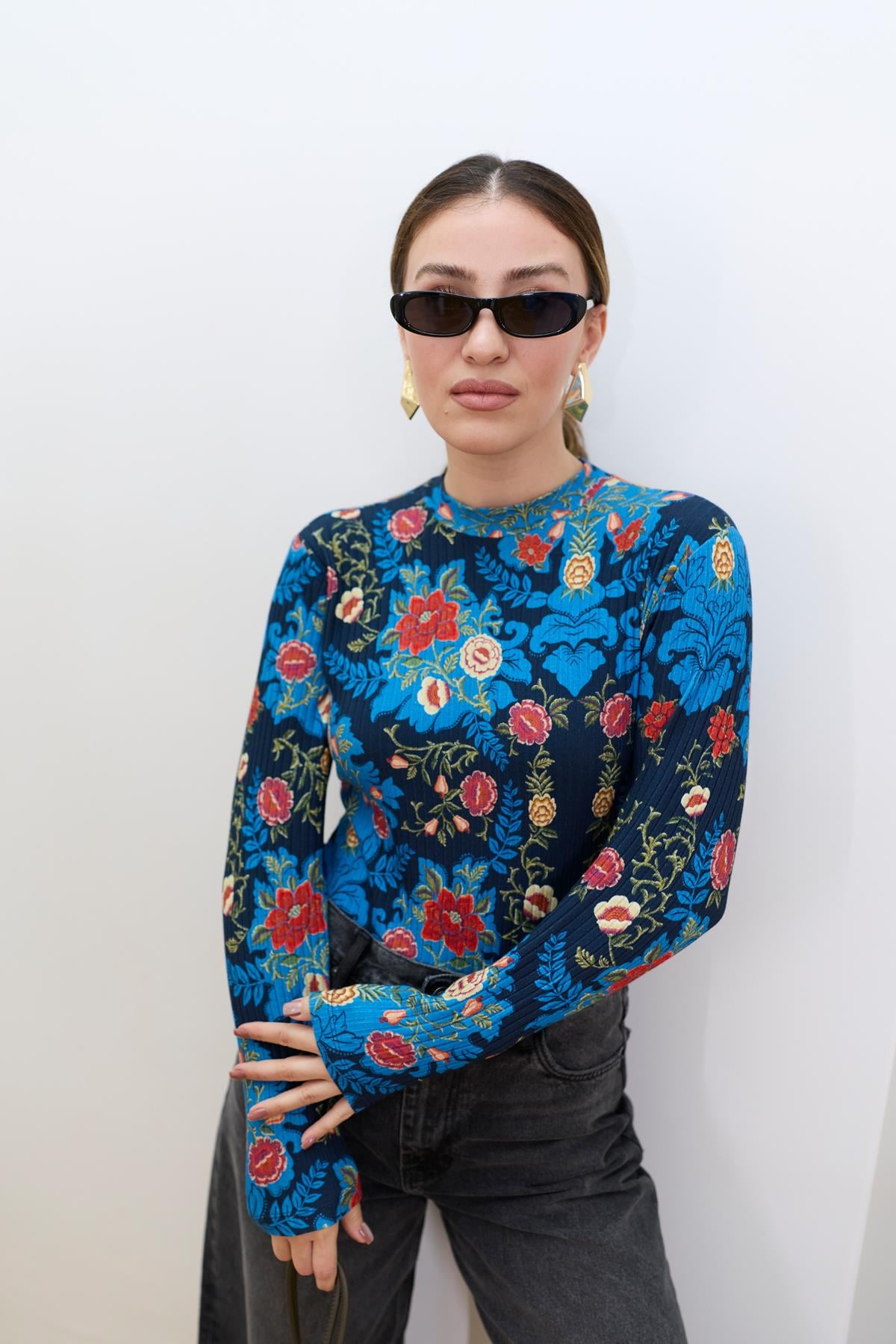 Lacivert Dik Yaka Desenli Bodysuit Bluz