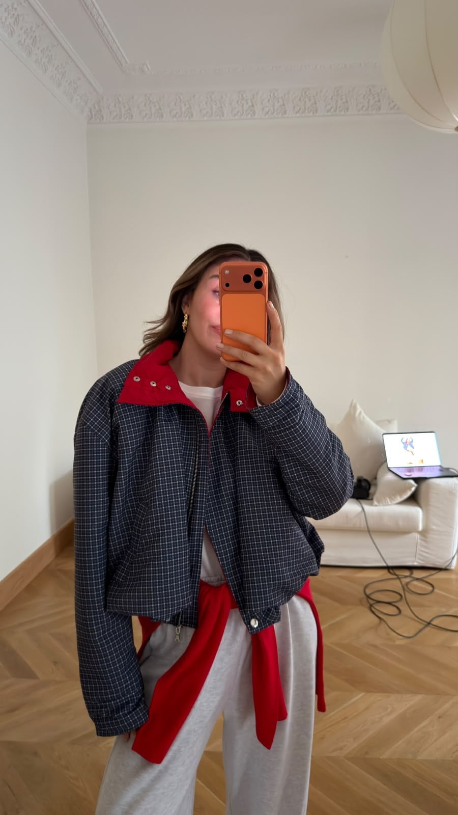 Lacivert Dik Yaka Ekoseli Oversize Şişme Ceket