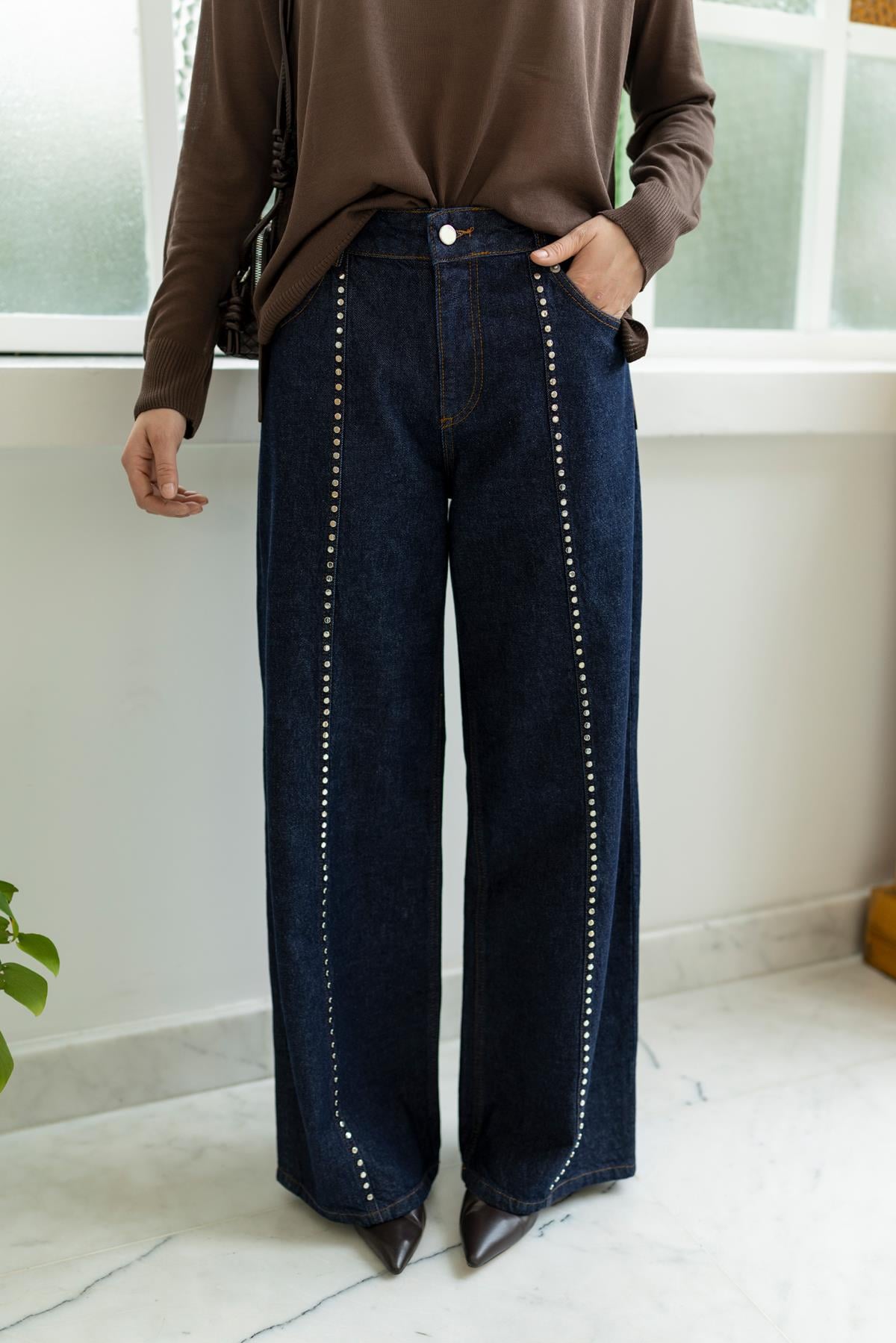 Lacivert Drop Detaylı Bol Paça Jean Pantolon