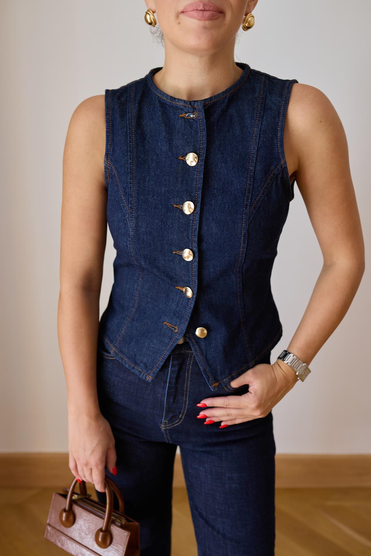 Lacivert Gold Düğmeli Dikiş Detaylı Denim Yelek