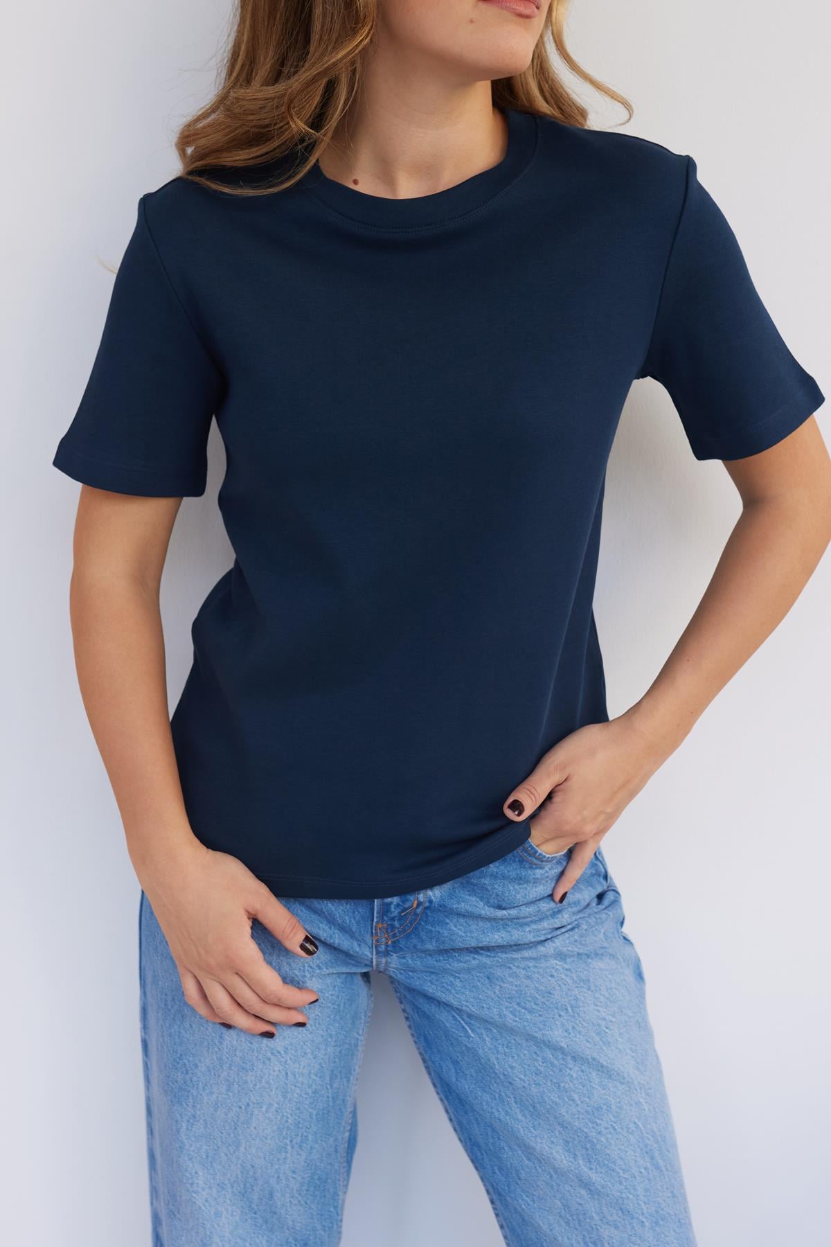 Lacivert Koton Kumaş Bisiklet Yaka Basic T-Shirt