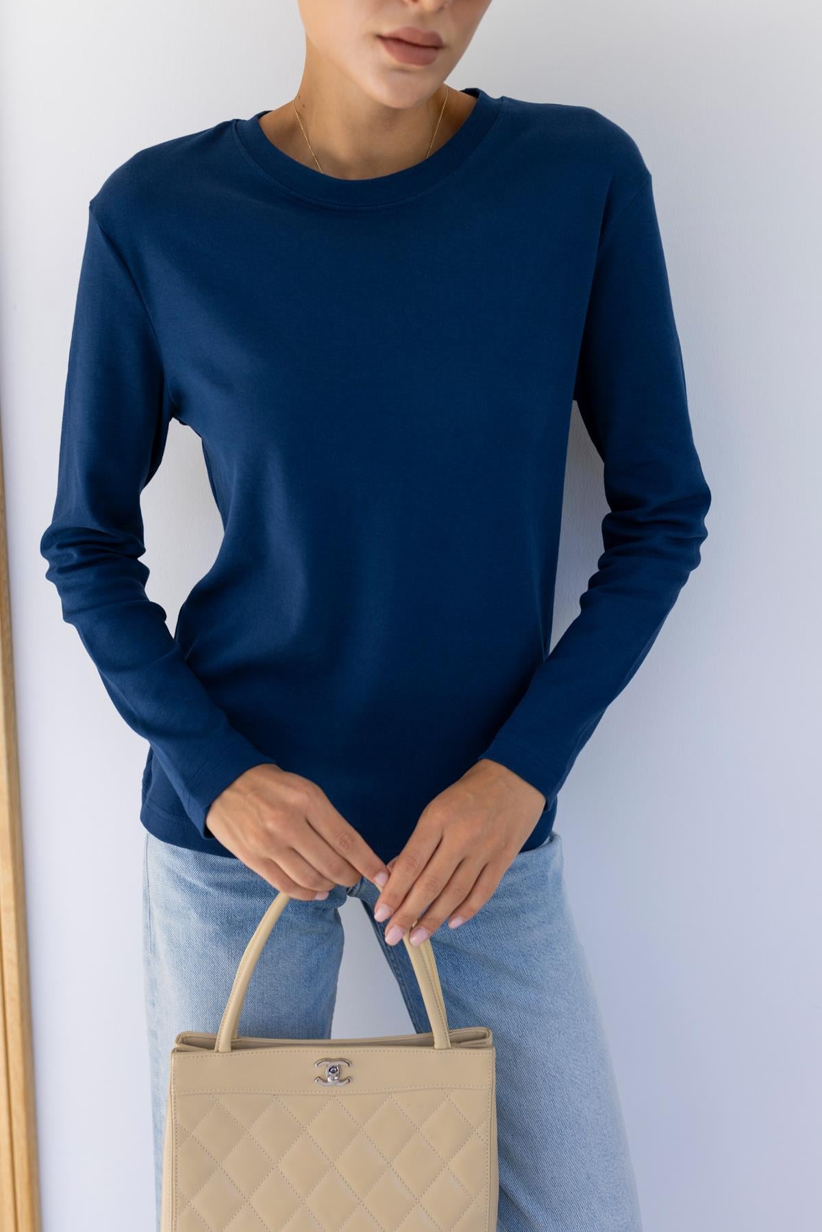 Lacivert Oversize Bisiklet Yaka Uzun Kol T-Shirt