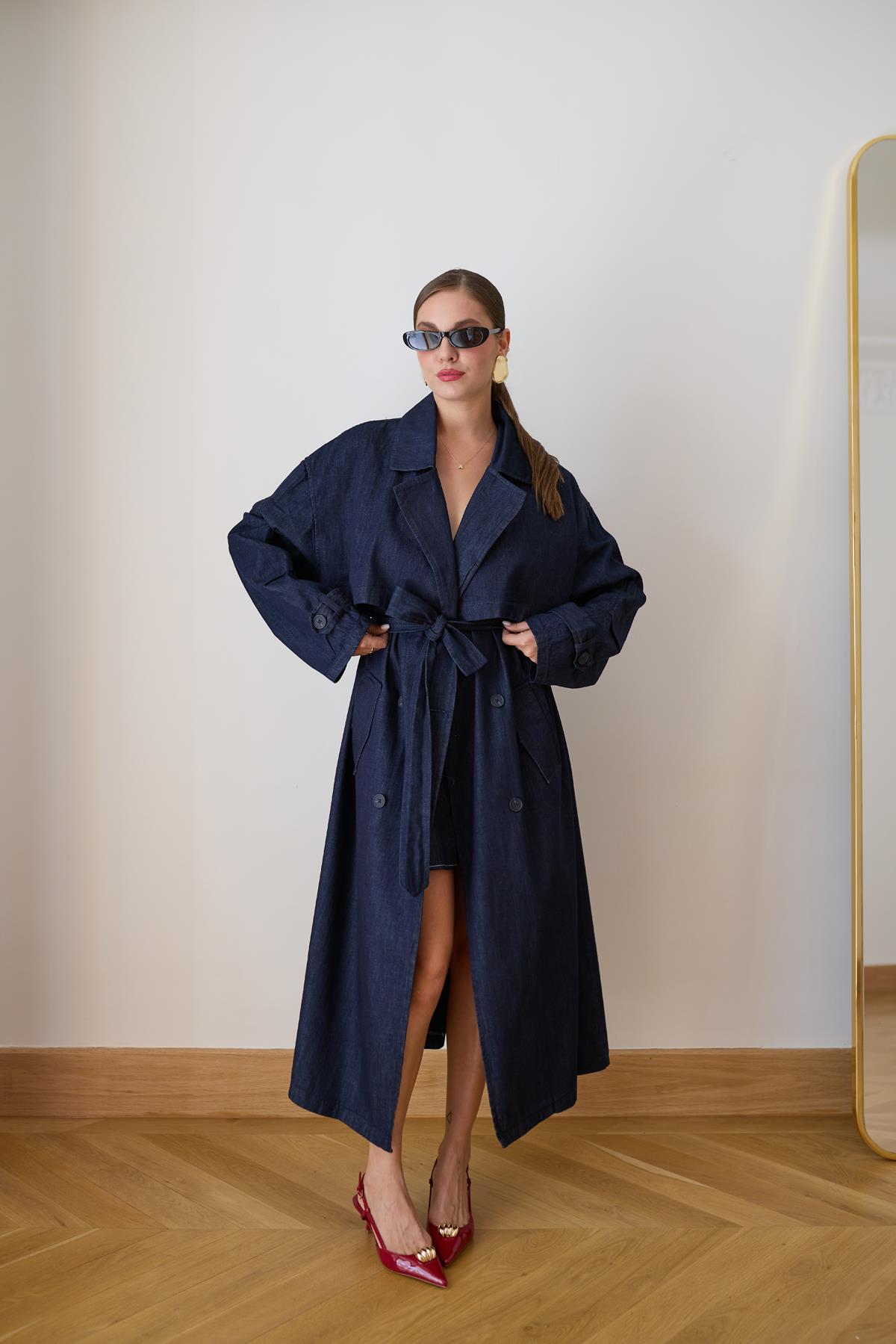 Lacivert Parça Detaylı Oversize Denim Trençkot
