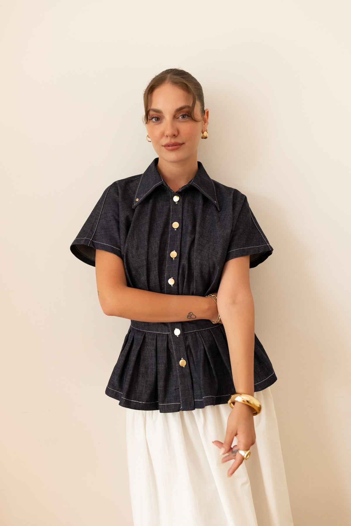 Lacivert Pilise Detaylı Denim Gömlek