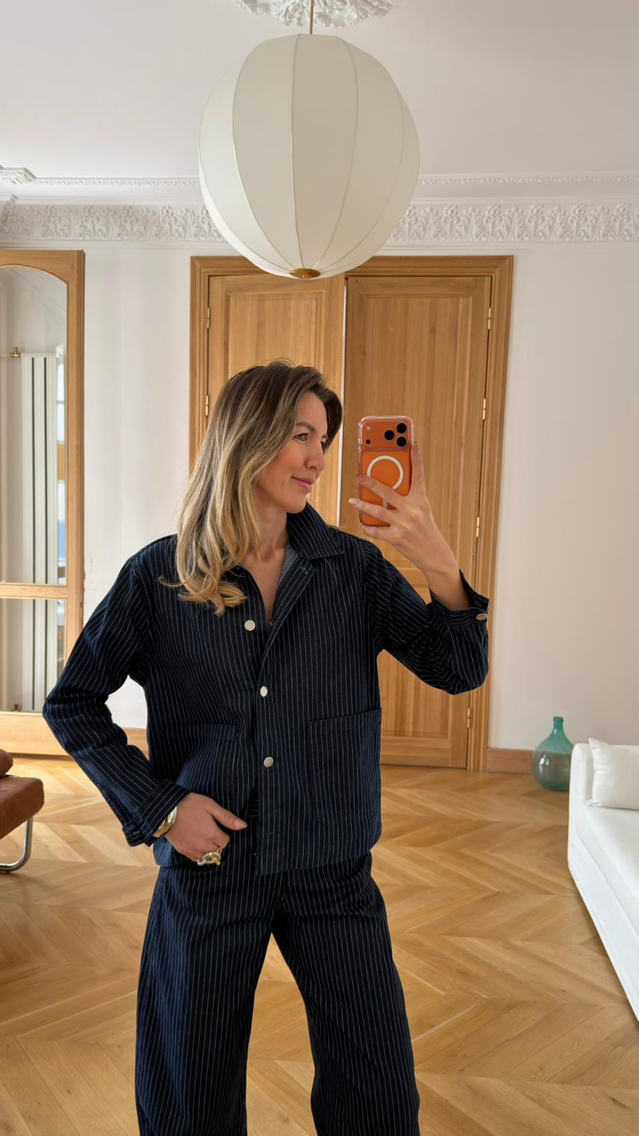 Lacivert Polo Yaka Önden Cepli Çizgili Denim Gömlek
