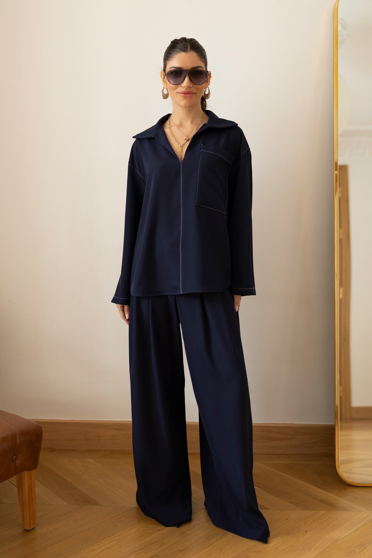 Lacivert Polo Yaka Önden Tek Cepli Oversize Bluz Pantolon Takım