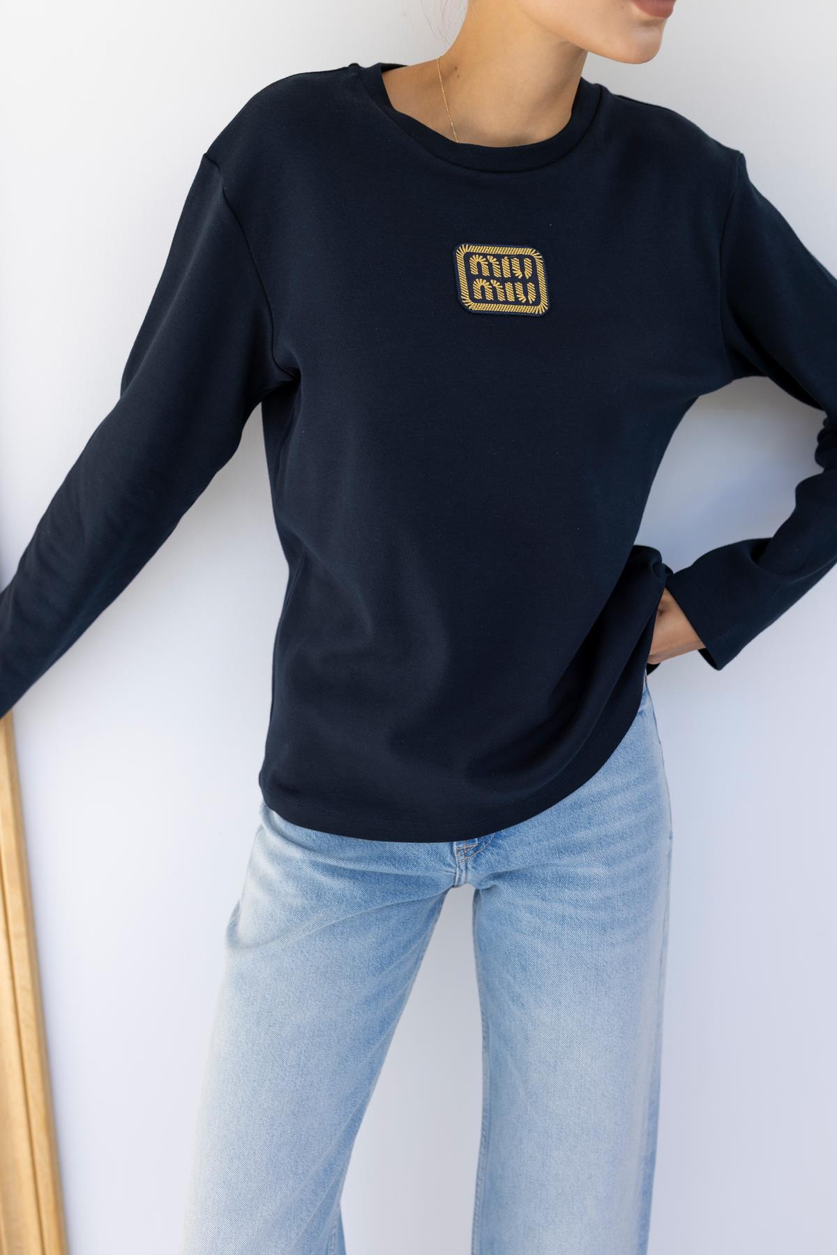 Lacivert Tasarım Nakış Yazı Detaylı Uzun Kollu T-Shirt