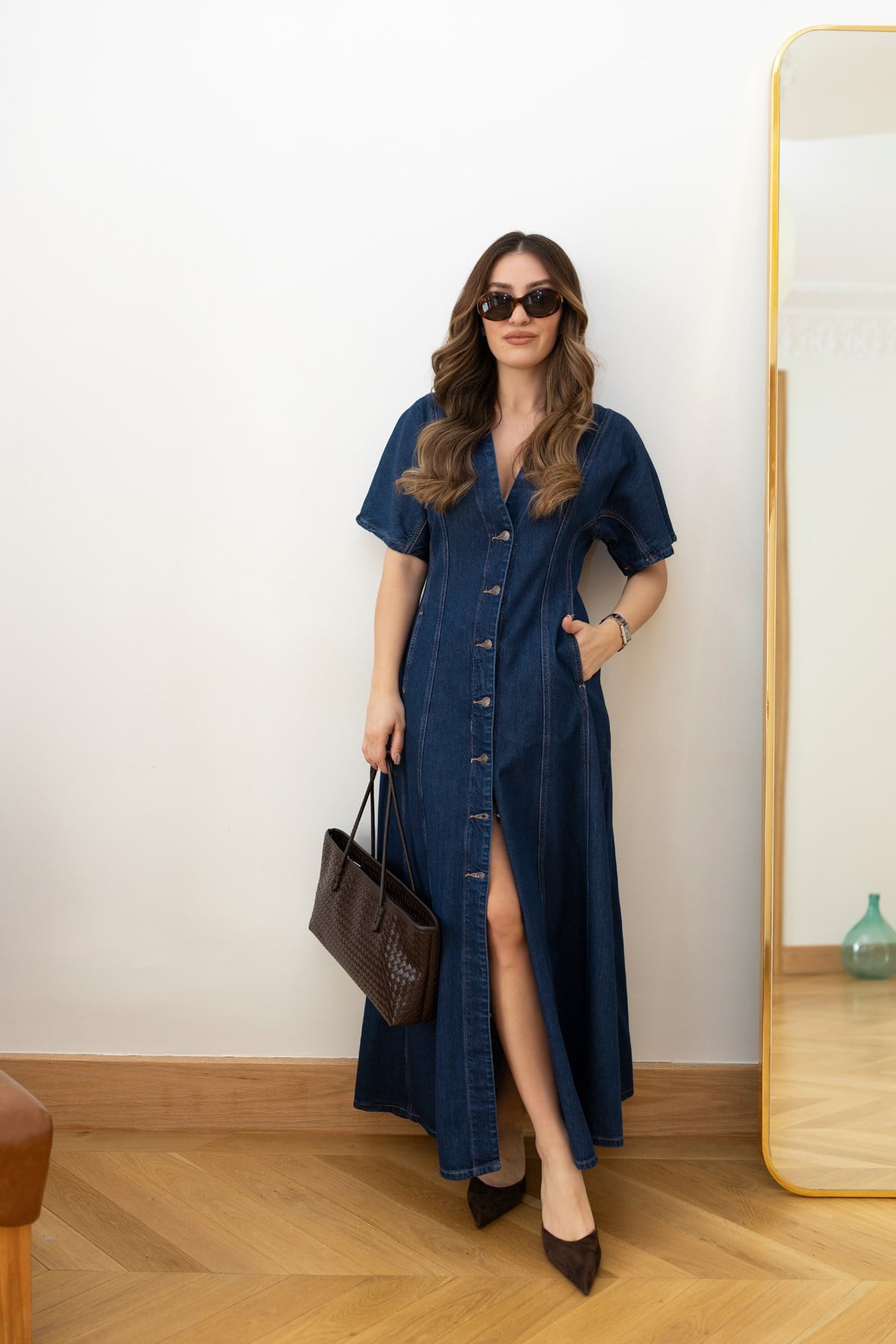 Lacivert V Yaka Önden Düğmeli Denim Elbise
