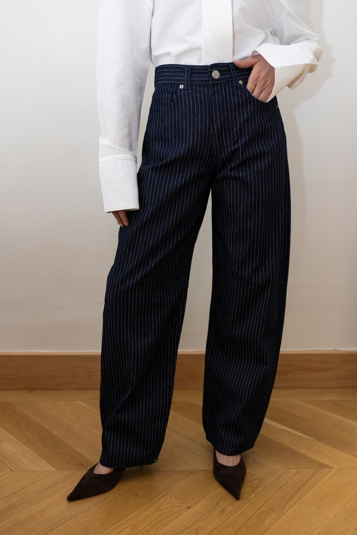 Lacivert Yüksek Bel Çizgili Slouchy Jean Pantolon