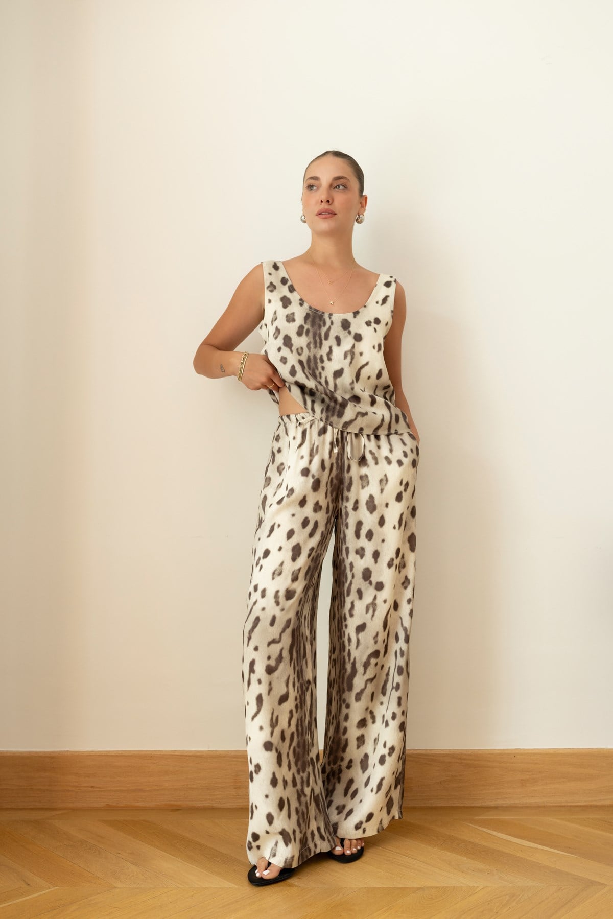 Leopar Leopar Desenli Saten Atlet Pantolon Takım