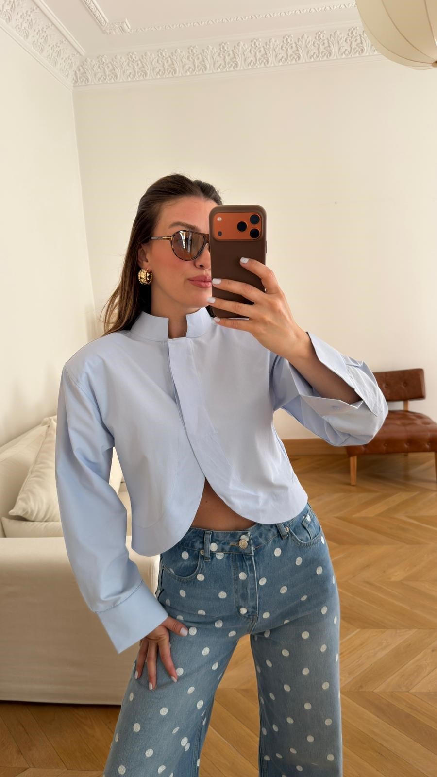 Mavi Hakim Yaka Vatkalı Crop Gömlek