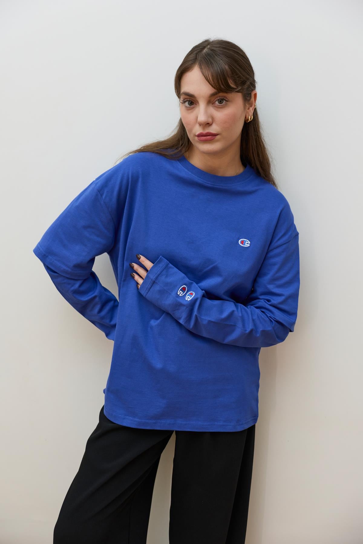Mavi Kolları Parça Detaylı Logo Nakışlı T-Shirt